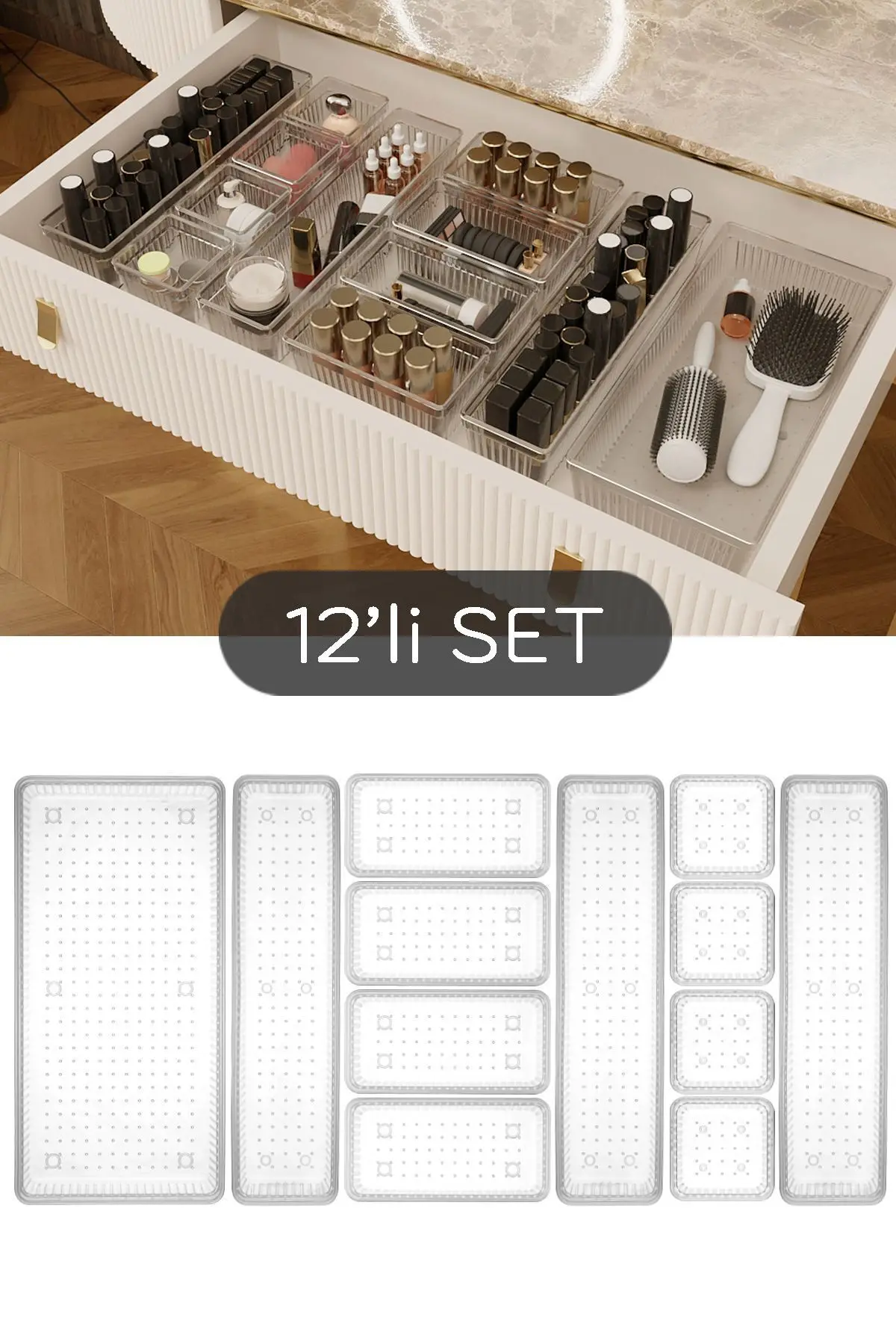 Meleni Home 12'li Dolap İçi Takı Makyaj Organizer - Çekmece İçi Düzenleyici Set Şeffaf