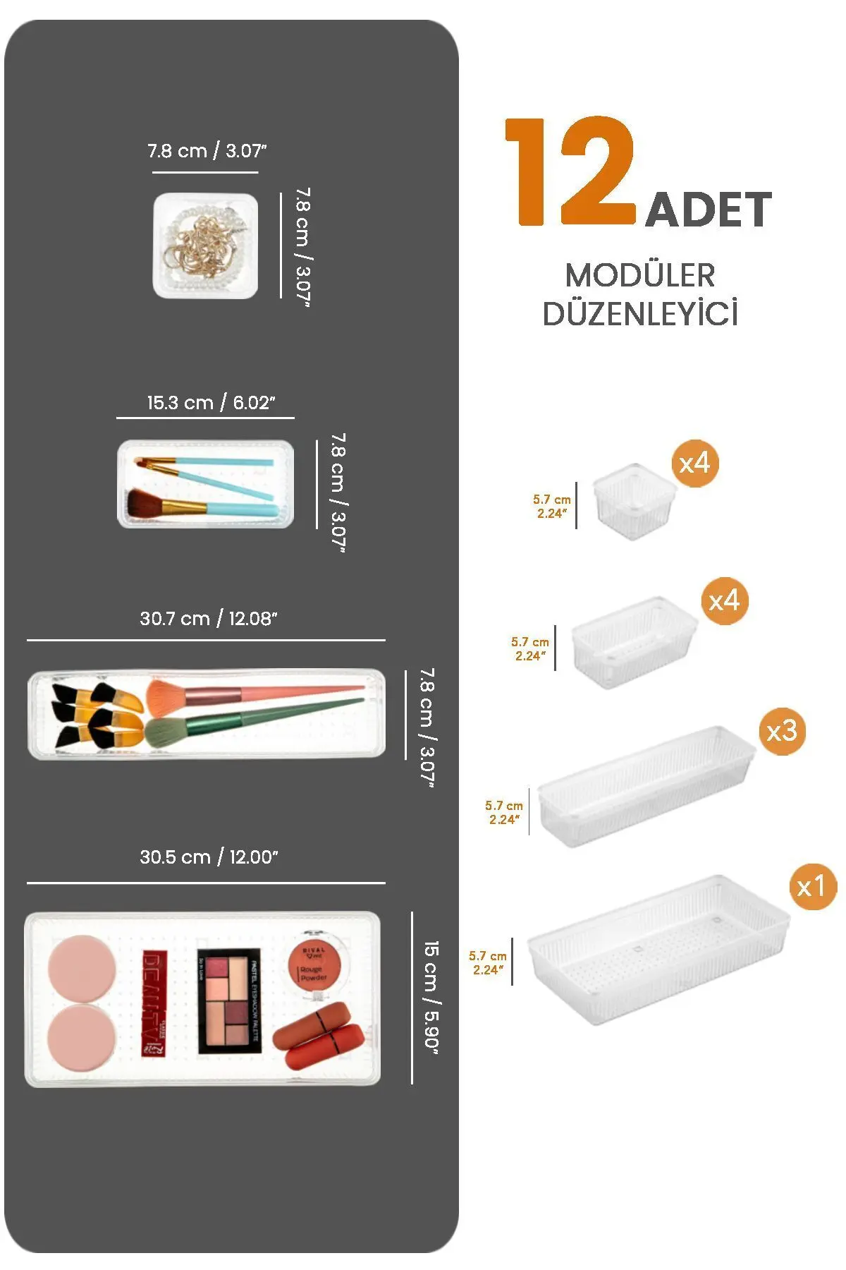 12'li Dolap İçi Takı Makyaj Organizer - Çekmece İçi Düzenleyici Set Şeffaf
