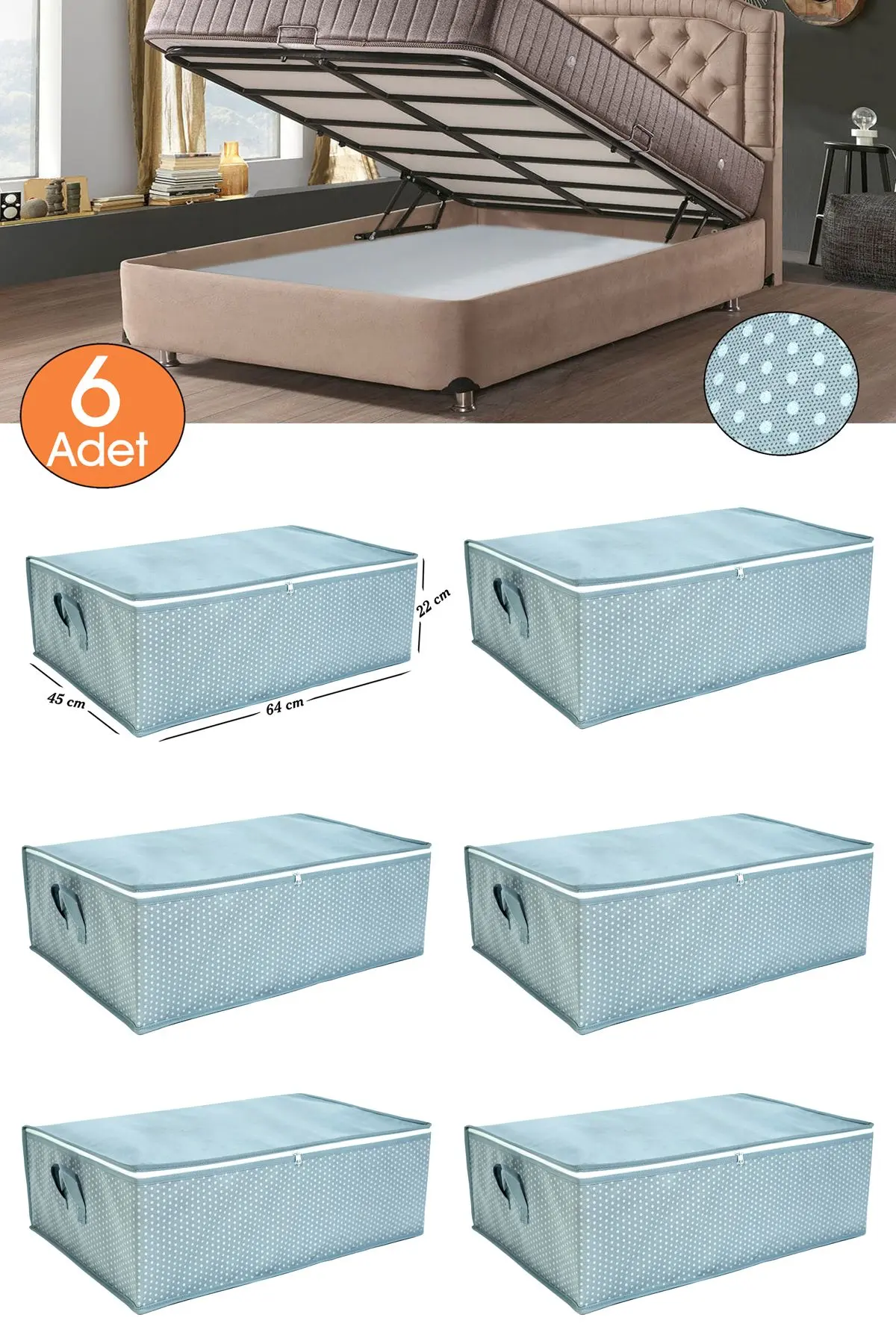 Ekici home textile 6 Adet Puanti desenli -çekyat Baza Tipi Hurc - Baza Altı Büyük Boy Saklama Hurcu 65 x 45 x 22 cm