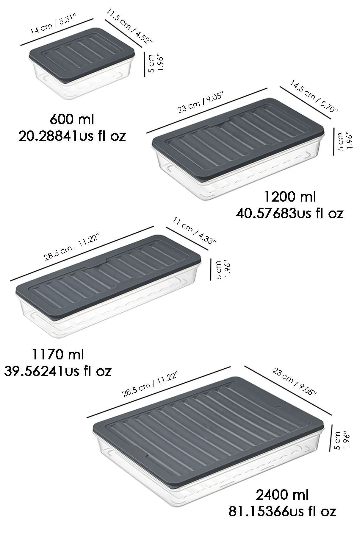Mikrodalga ve Difriz Uyumlu 24 Parça Saklama Kabı Seti,2x2400Ml 4x1200Ml 6x1170Ml 12x600Ml, Antrasit