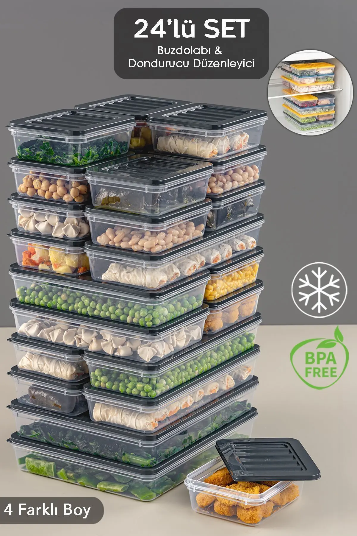 Meleni Home Mikrodalga ve Difriz Uyumlu 24 Parça Saklama Kabı Seti,2x2400Ml 4x1200Ml 6x1170Ml 12x600Ml, Antrasit