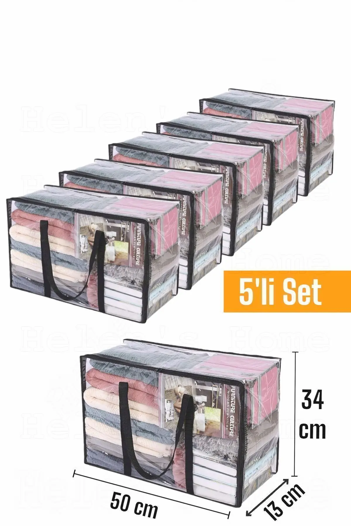Helen's Home 5 Adet 40 Micron Kalın Pvc Saklama Çantası Çeyizlik Geniş Büyük Hurç 50x34x13 Cm