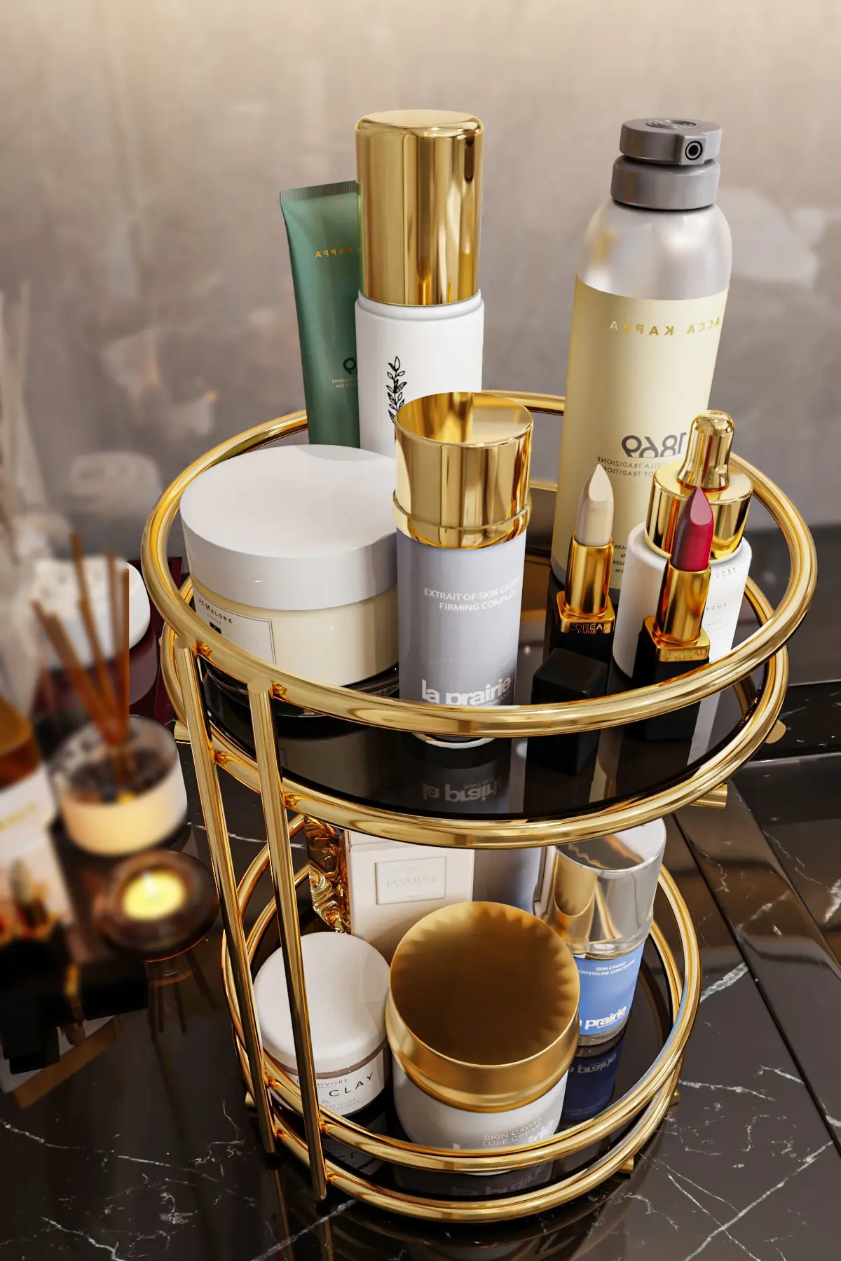 Banyo Kozmetik Takı Düzenleyici Çok Amaçlı Organizer 2 Katlı Servis Sunum Tepsisi Ikramlık Gold