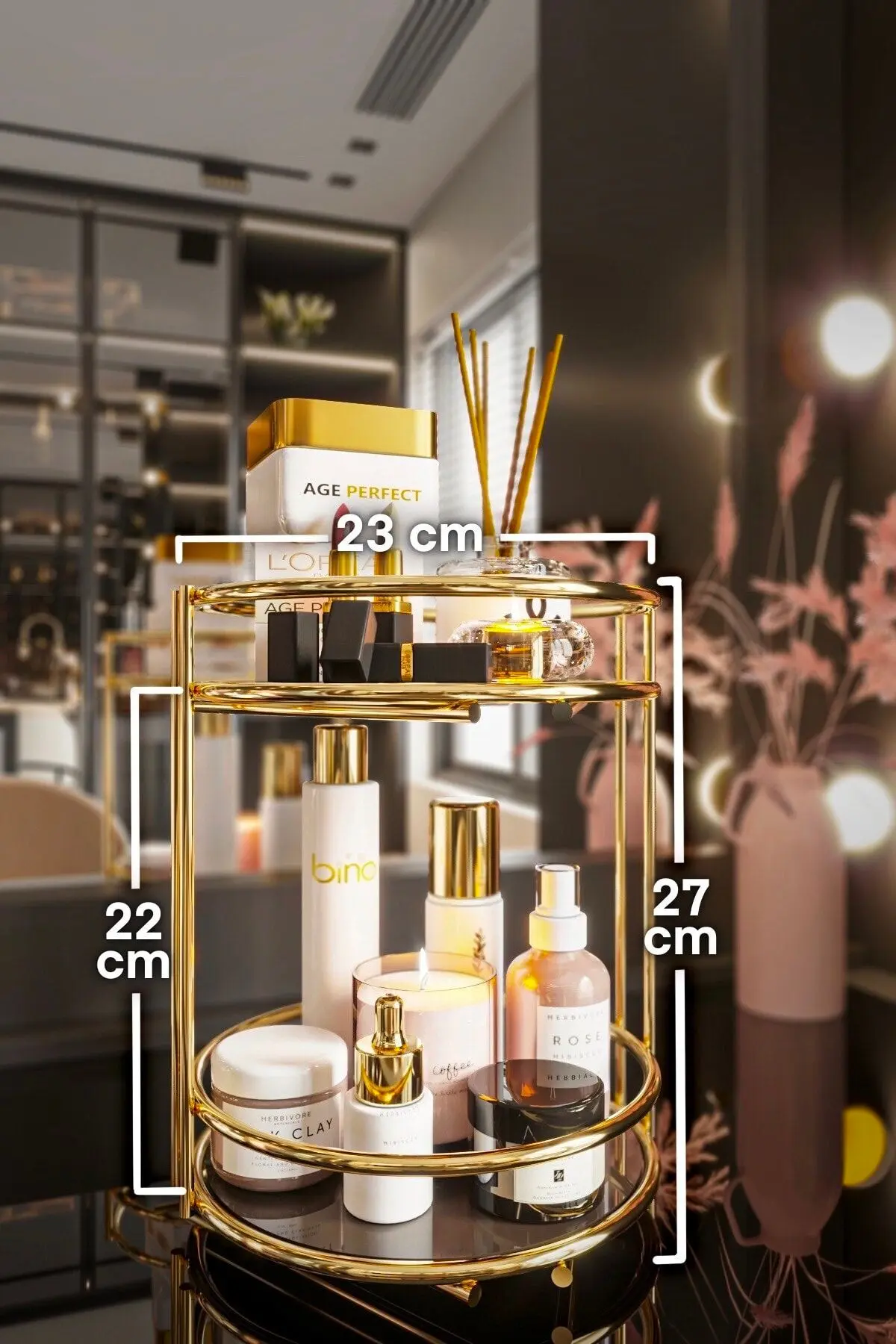 Banyo Kozmetik Takı Düzenleyici Çok Amaçlı Organizer 2 Katlı Servis Sunum Tepsisi Ikramlık Gold