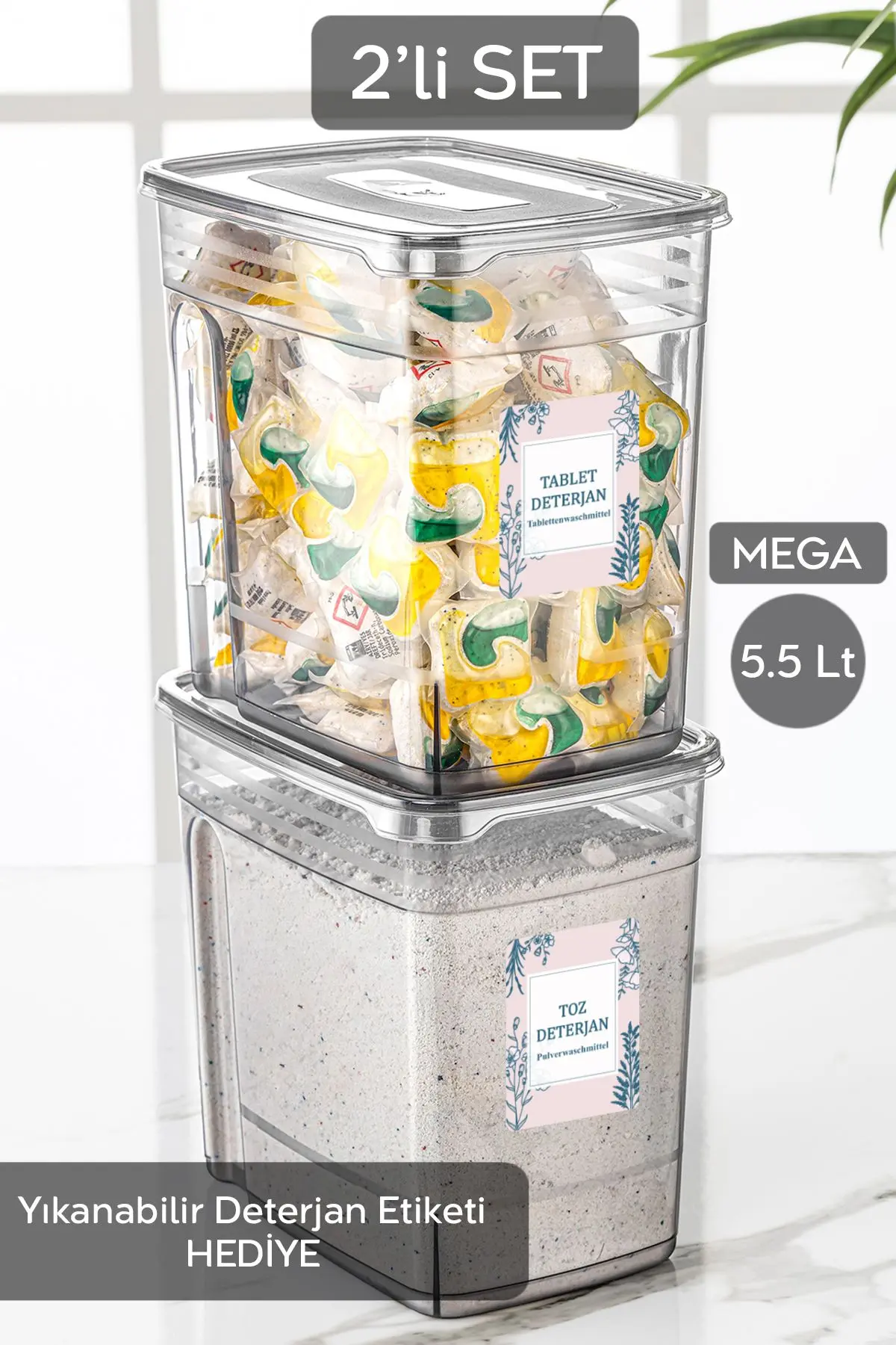 Meleni Home 2'li Mega Etiketli Deterjan Saklama Kutusu Lena Pratik Kapaklı Tablet Deterjan Saklama Kabı 2x5,5 Lt