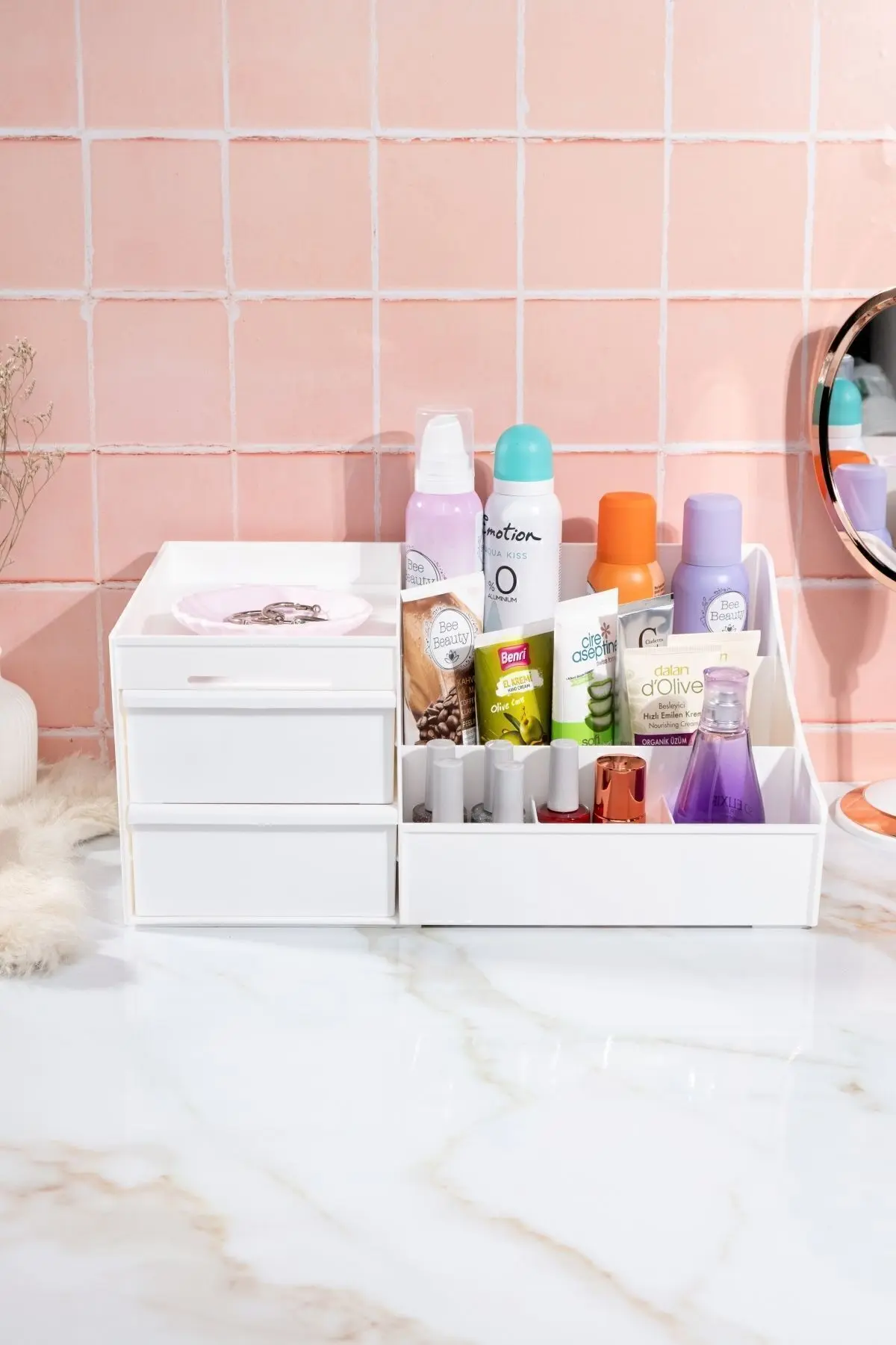 Elegance Xl Makyaj Kozmetik Parfüm Krem Serum Düzenleyici Çekmeceli Organizer Beyaz