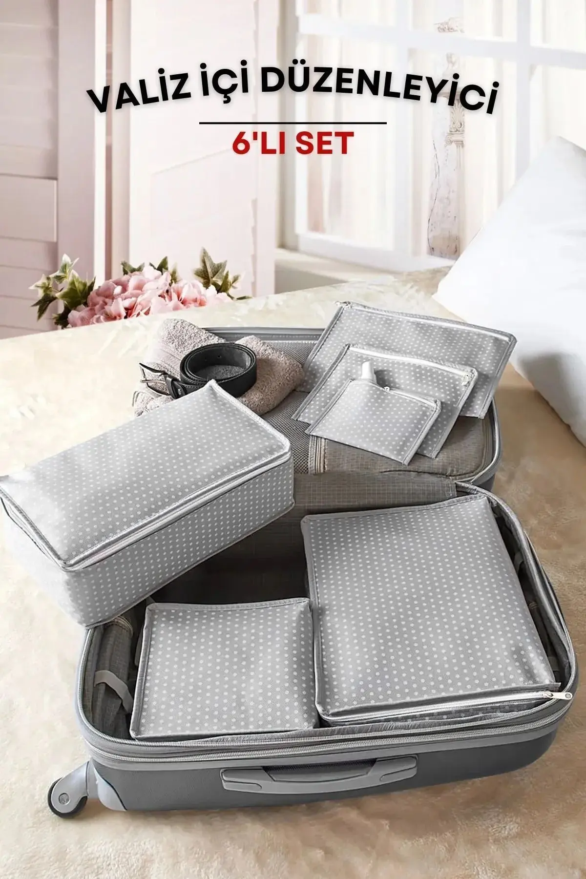 Serstil 6'lı Valiz Düzenleyici Filesiz Set - Gri Benekli