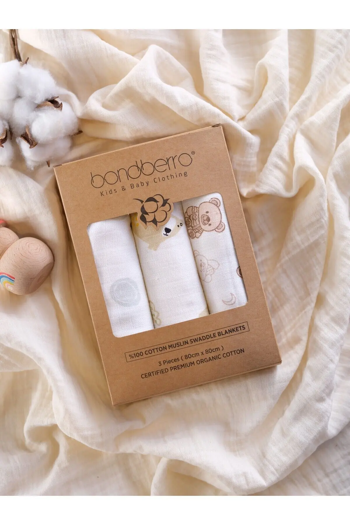 Bondberro Çok Amaçlı Müslin Örtü & Battaniye 3'lü Set %100 Pamuk Oeko-teks Sertifikalı 80x80 Cm