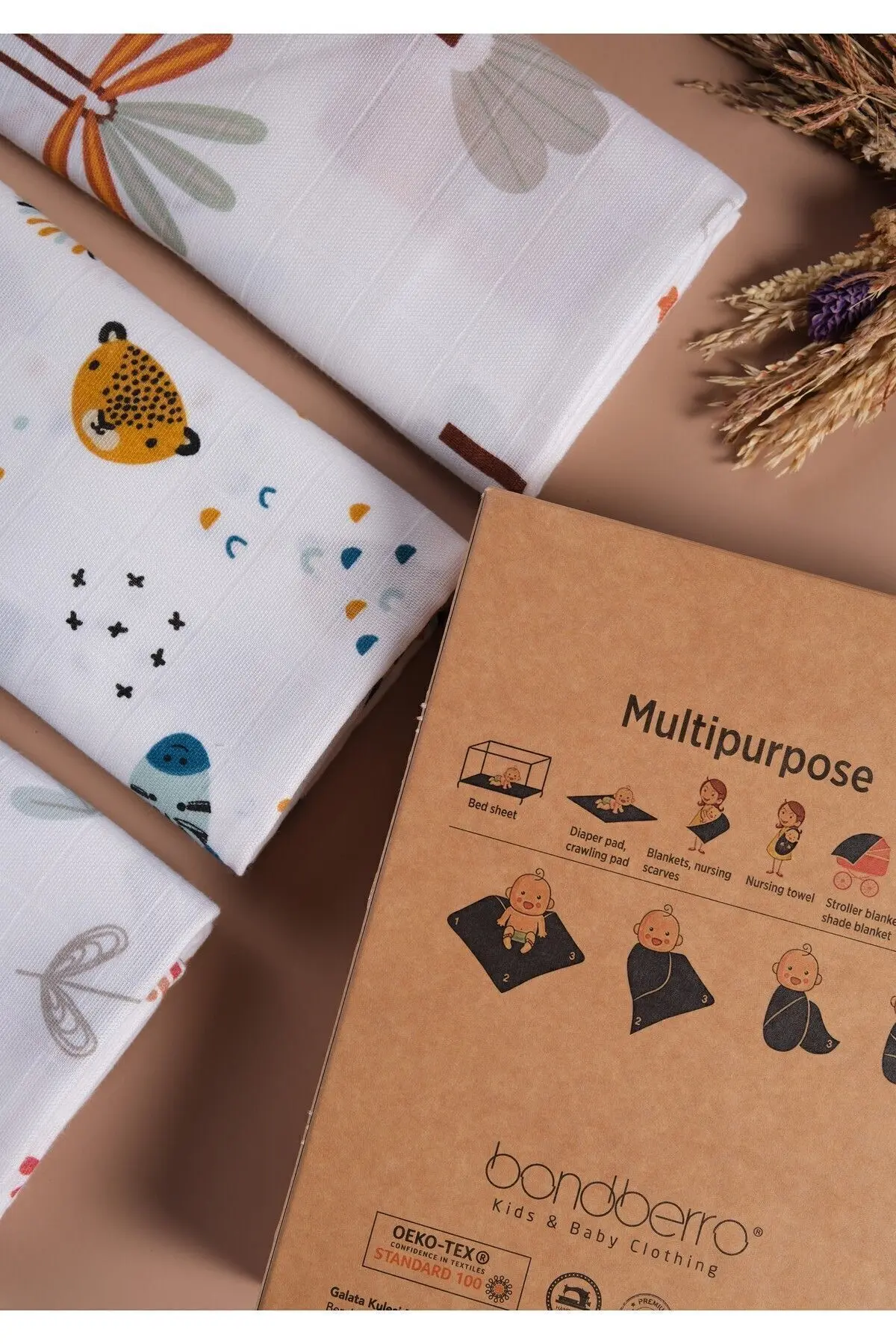 Çok Amaçlı Müslin Örtü & Battaniye 3'lü Set %100 Pamuk Oeko-teks Sertifikalı 80x80 Cm