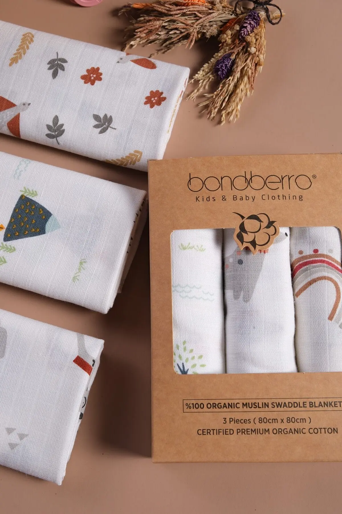 Çok Amaçlı Müslin Örtü & Battaniye 3'lü Set %100 Pamuk Oeko-teks Sertifikalı 80x80 Cm / Çk1