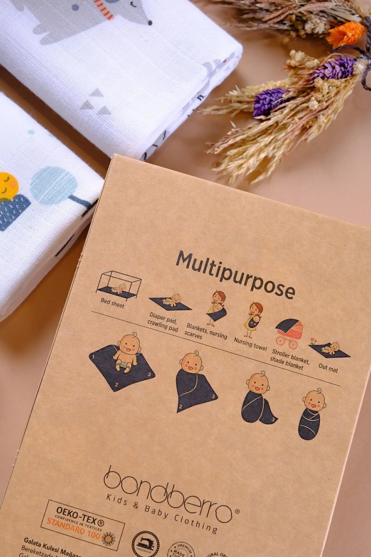 Çok Amaçlı Müslin Örtü & Battaniye 3'lü Set %100 Pamuk Oeko-teks Sertifikalı 80x80 Cm / Çk1