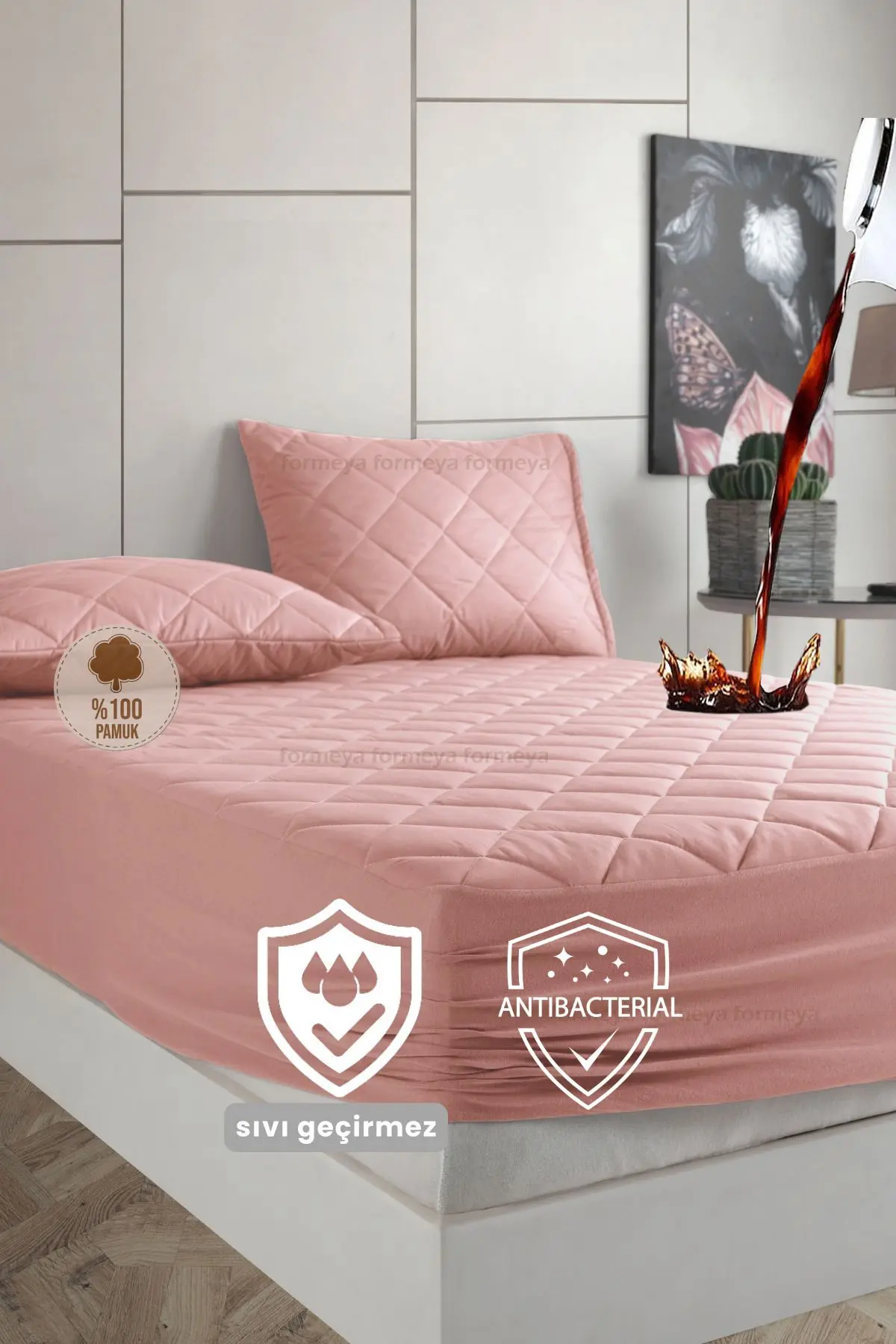 Formeya Alez Pudra %100 Pamuk Kapitone Sıvı Geçirmez Alez Fitted Çarşaf (16 Ebat)