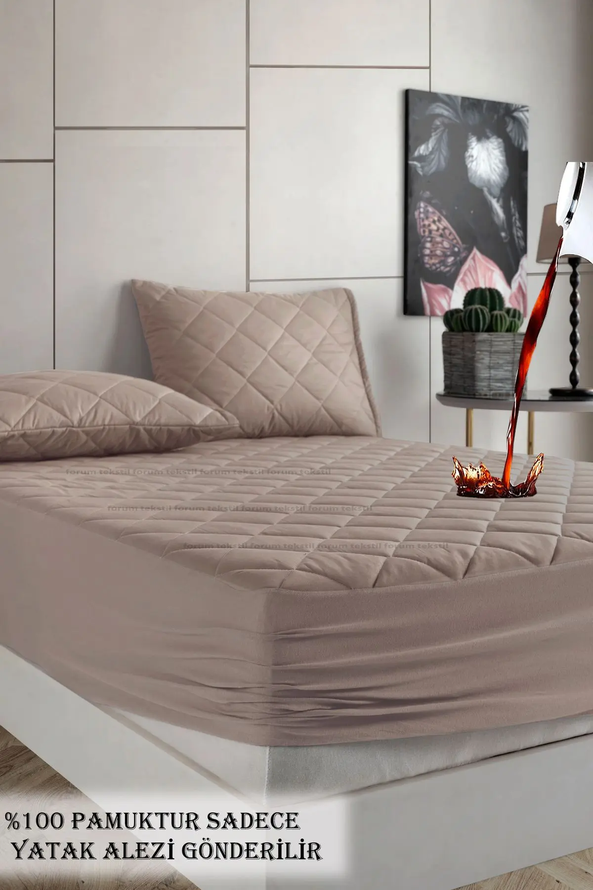 Pamukkale Renkli Alez Kahverengi %100 Pamuk Kapitone Sıvı Geçirmez Alez Çarşaf Fitted (16 Ebat)