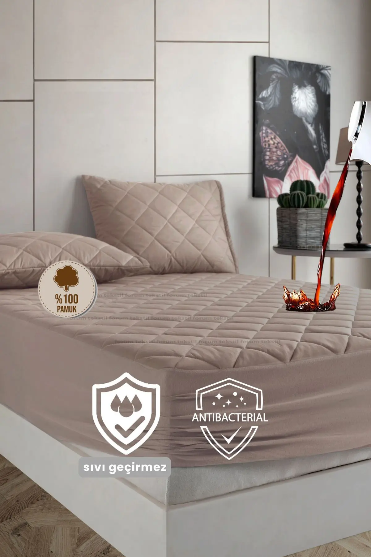 Formeya Pamukkale Renkli Alez Kahverengi %100 Pamuk Kapitone Sıvı Geçirmez Alez Çarşaf Fitted (16 Ebat)