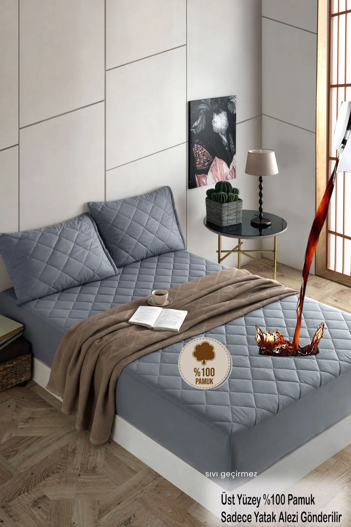 Formeya Pamukkale Renkli Alez Gri Kapitone Sıvı Geçirmez Yatak Koruyucu Fitted Alez Çarşaf (16 Ebat)