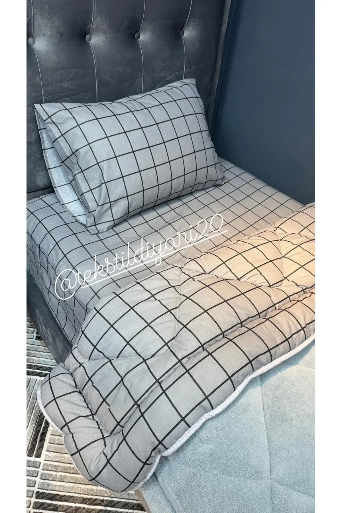 Tek Kişilik Welsoft Pufidik Uyku Seti (Lastikli Çarşaflı) Füme Kare