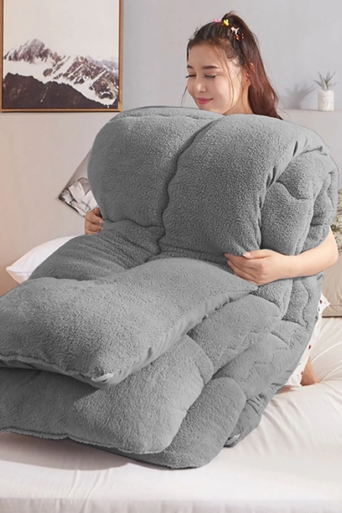 Çift Kişilik Lüx Gri Wellsoft Yorgan Çift Taraflı 195 X 215