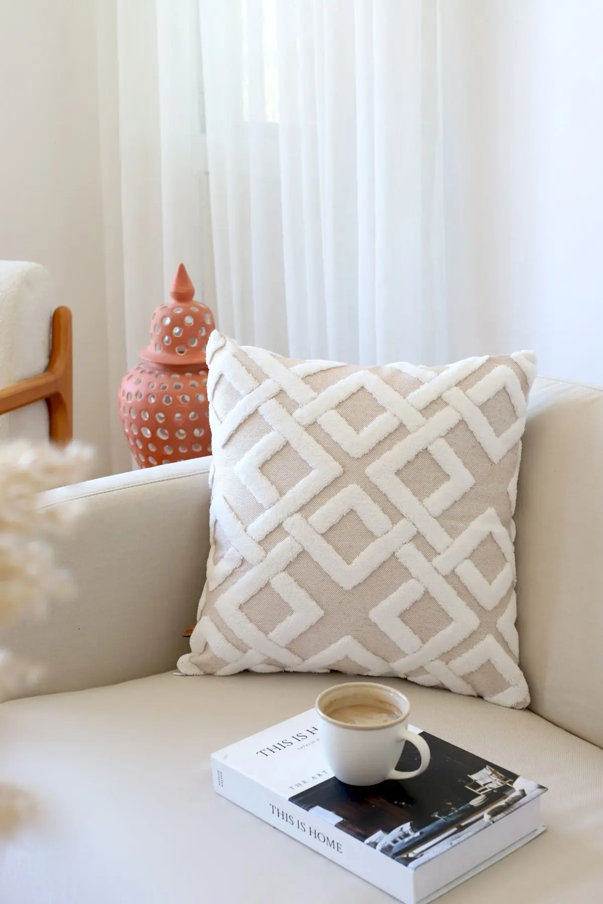 HAMUR Bohem Özel Tasarım Punch Panç Desen Dekoratif Kırlent Kılıfı Mila Bej