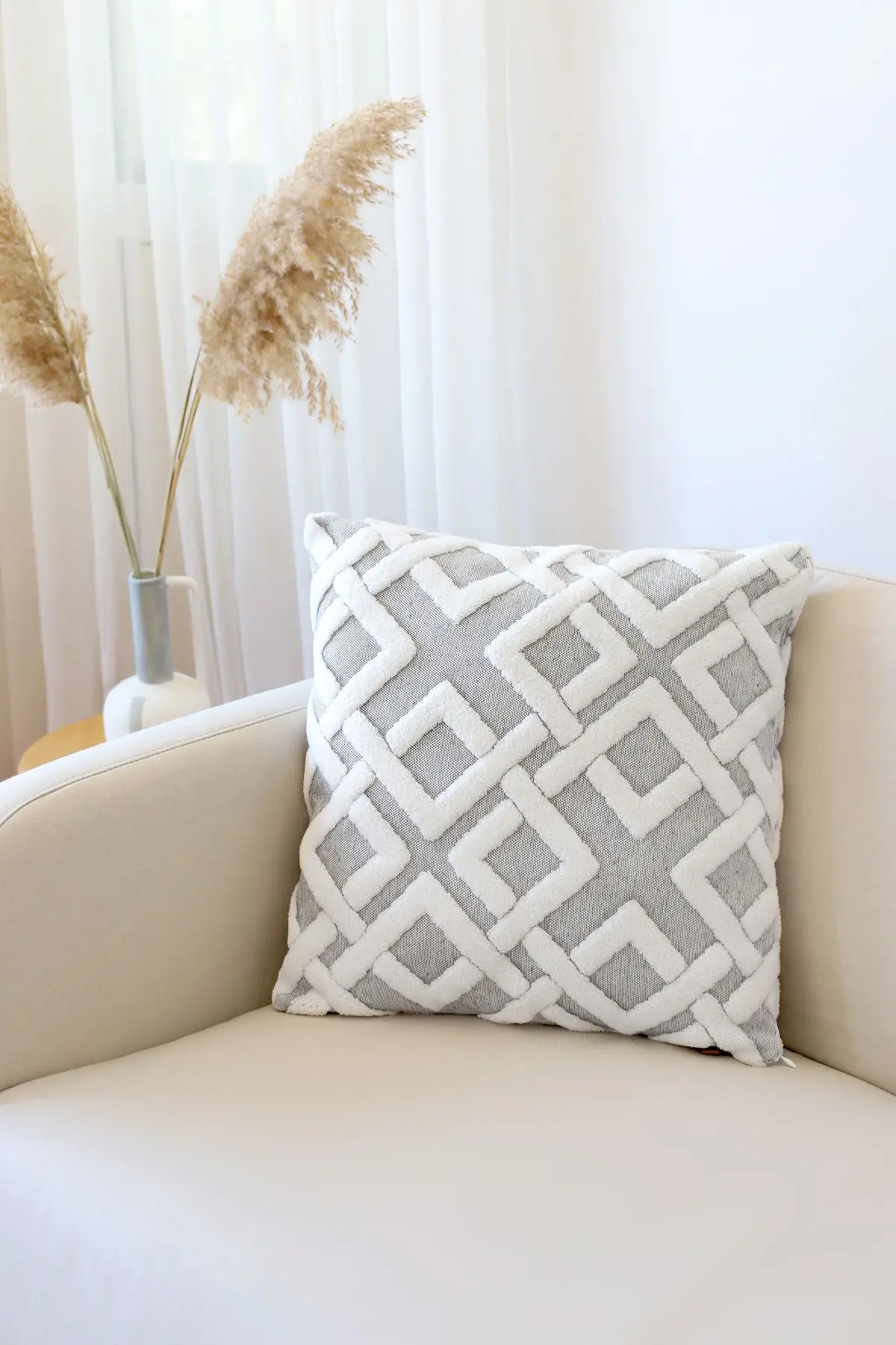 HAMUR Bohem Özel Tasarım Punch Panç Desen Dekoratif Kırlent Kılıfı Mila Gri