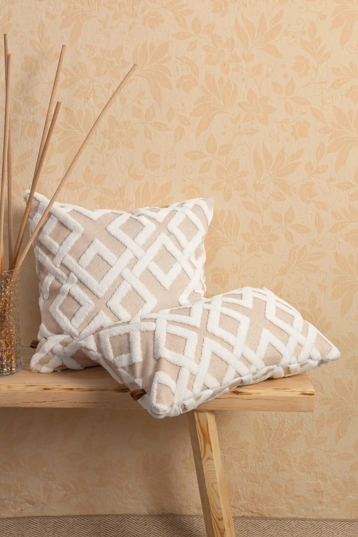 Bohem Özel Tasarım Punch Panç Desen Dekoratif Kırlent Kılıfı Mila Bej