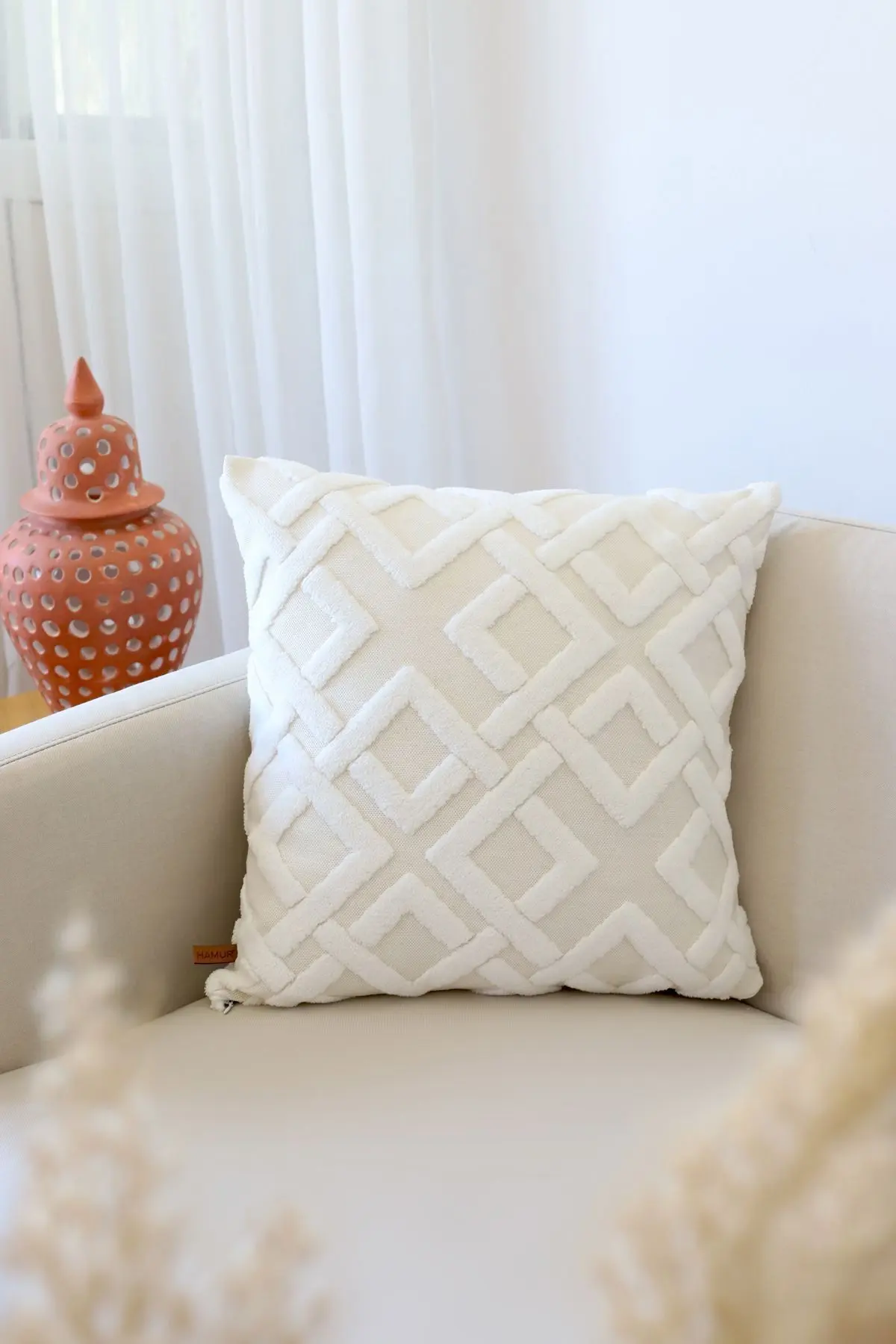 HAMUR Bohem Özel Tasarım Punch Panç Desen Dekoratif Kırlent Kılıfı Mila Ekru