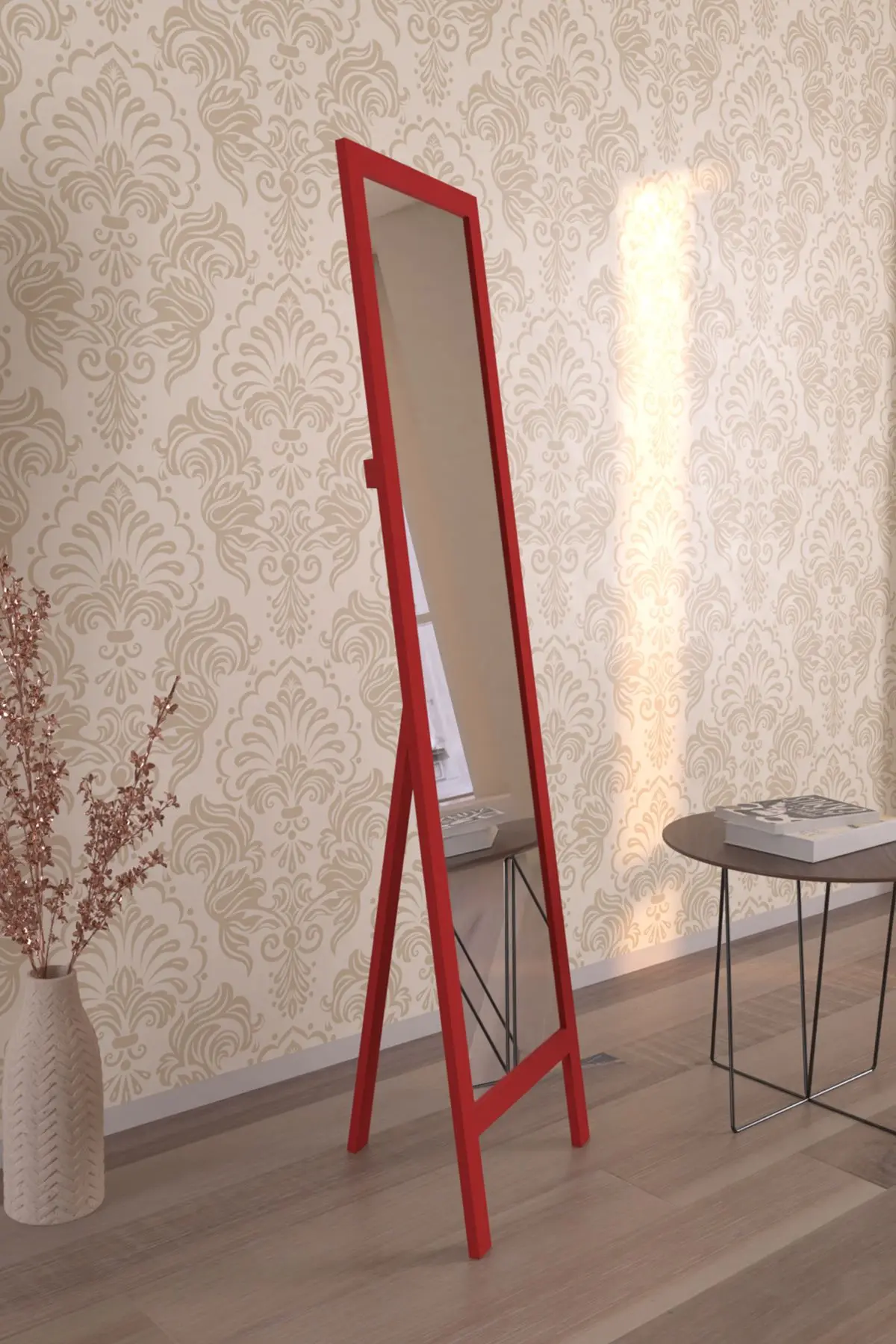 Kırmızı Ahşap Ayaklı Boy Aynası 145x40cm