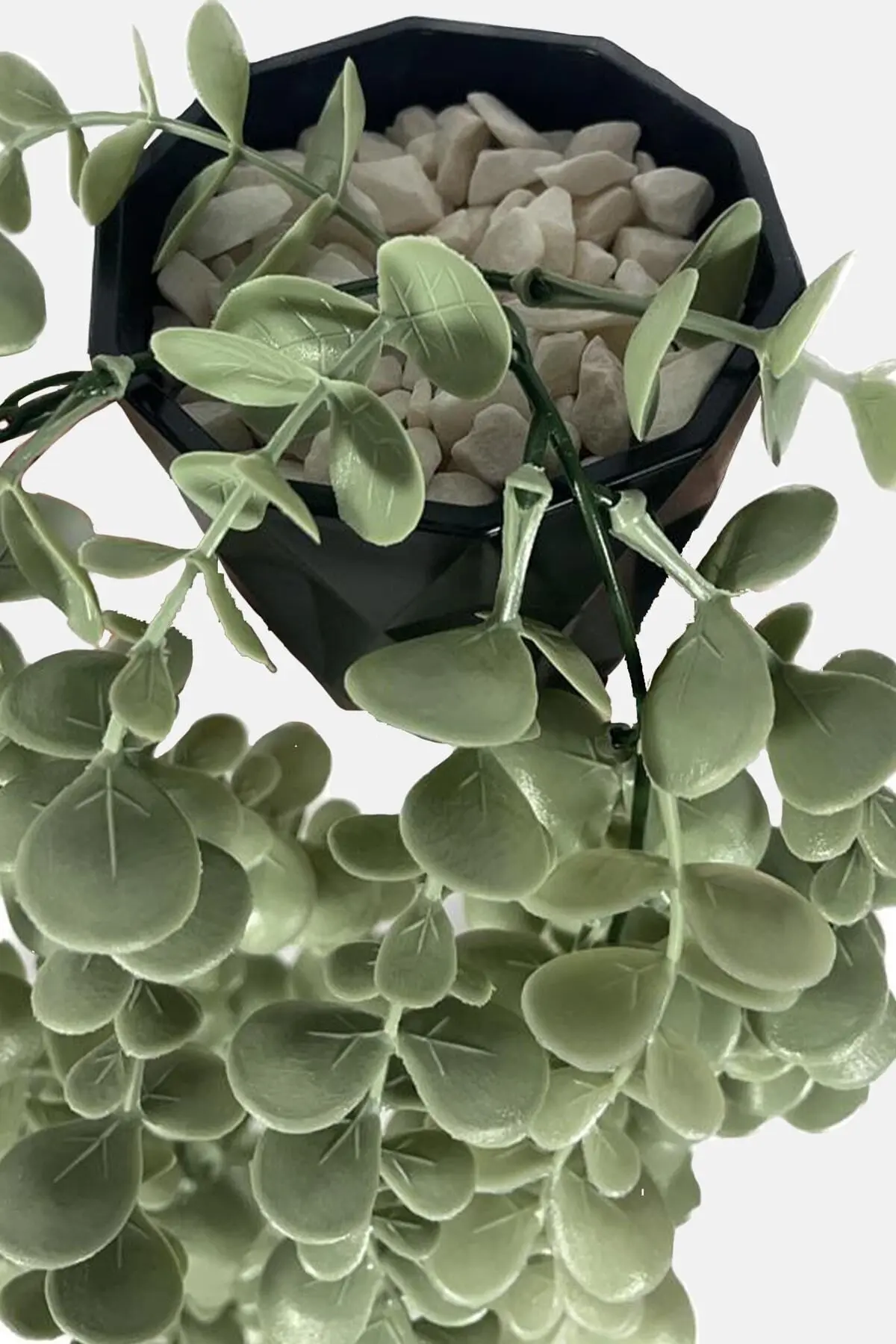 Yapay Çiçek Moblen Mika Elmas Siyah Saksıda Pastel Yeşili Okaliptus Sarkıtı