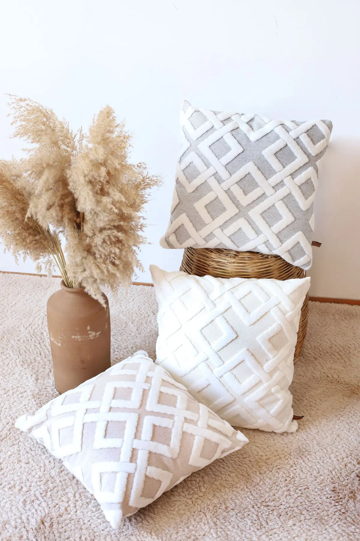 Bohem Özel Tasarım Punch Panç Desen Dekoratif Dikdörtgen Kırlent Kılıfı Mila Bej