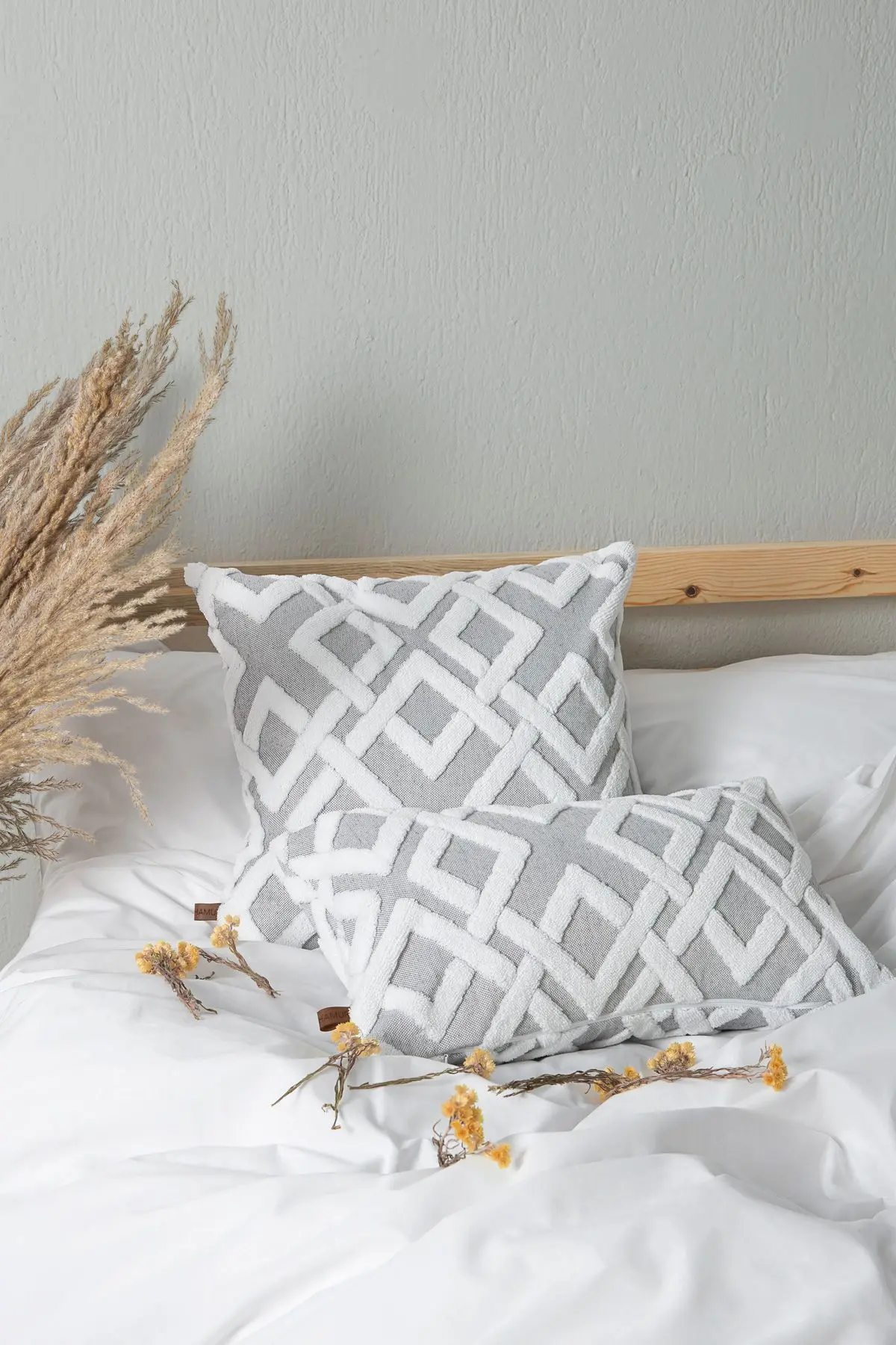 Bohem Özel Tasarım Punch Panç Desen Dekoratif Dikdörtgen Kırlent Kılıfı Mila Gri