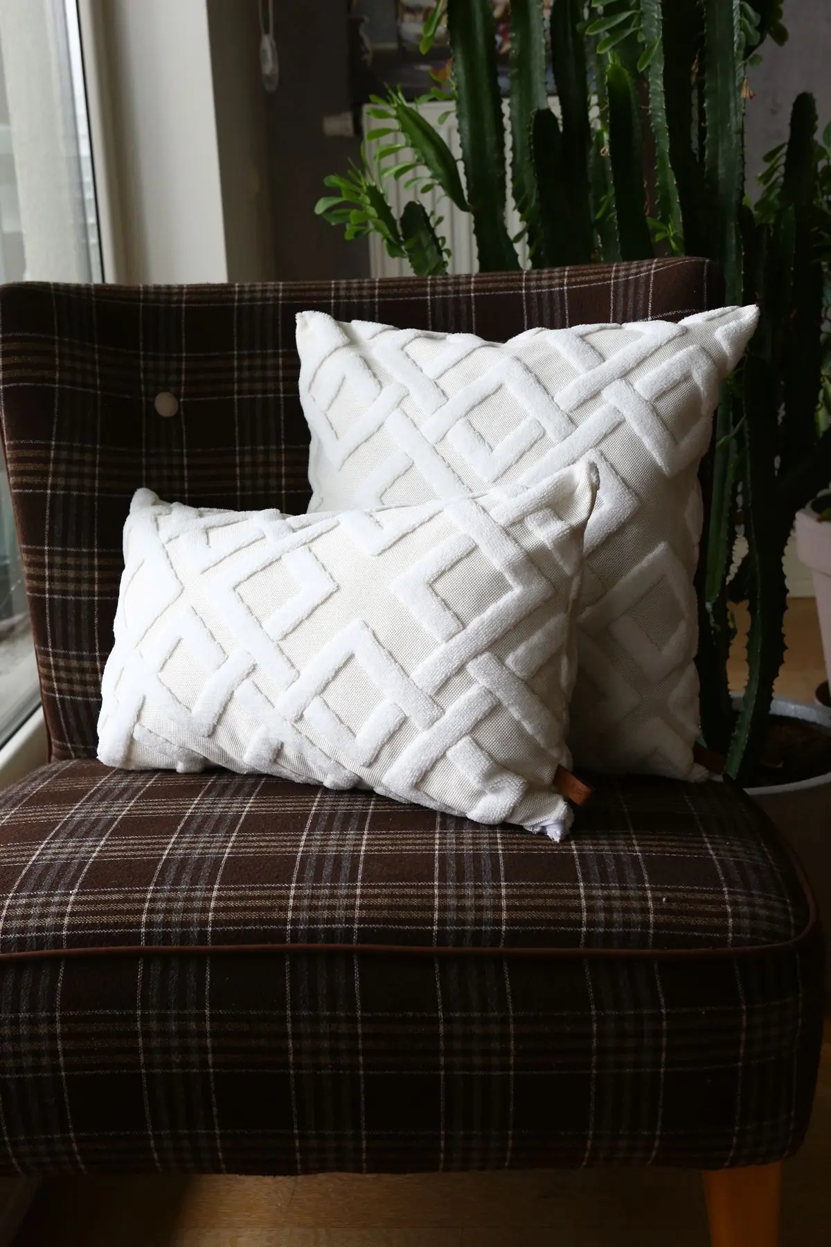 Bohem Özel Tasarım Punch Panç Desen Dekoratif Dikdörtgen Kırlent Kılıfı Mila Ekru