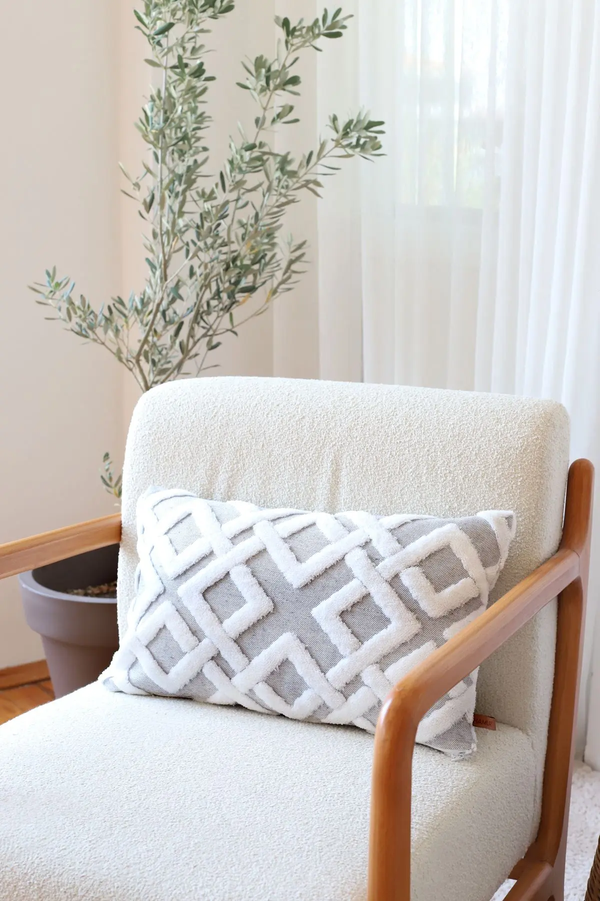 HAMUR Bohem Özel Tasarım Punch Panç Desen Dekoratif Dikdörtgen Kırlent Kılıfı Mila Gri