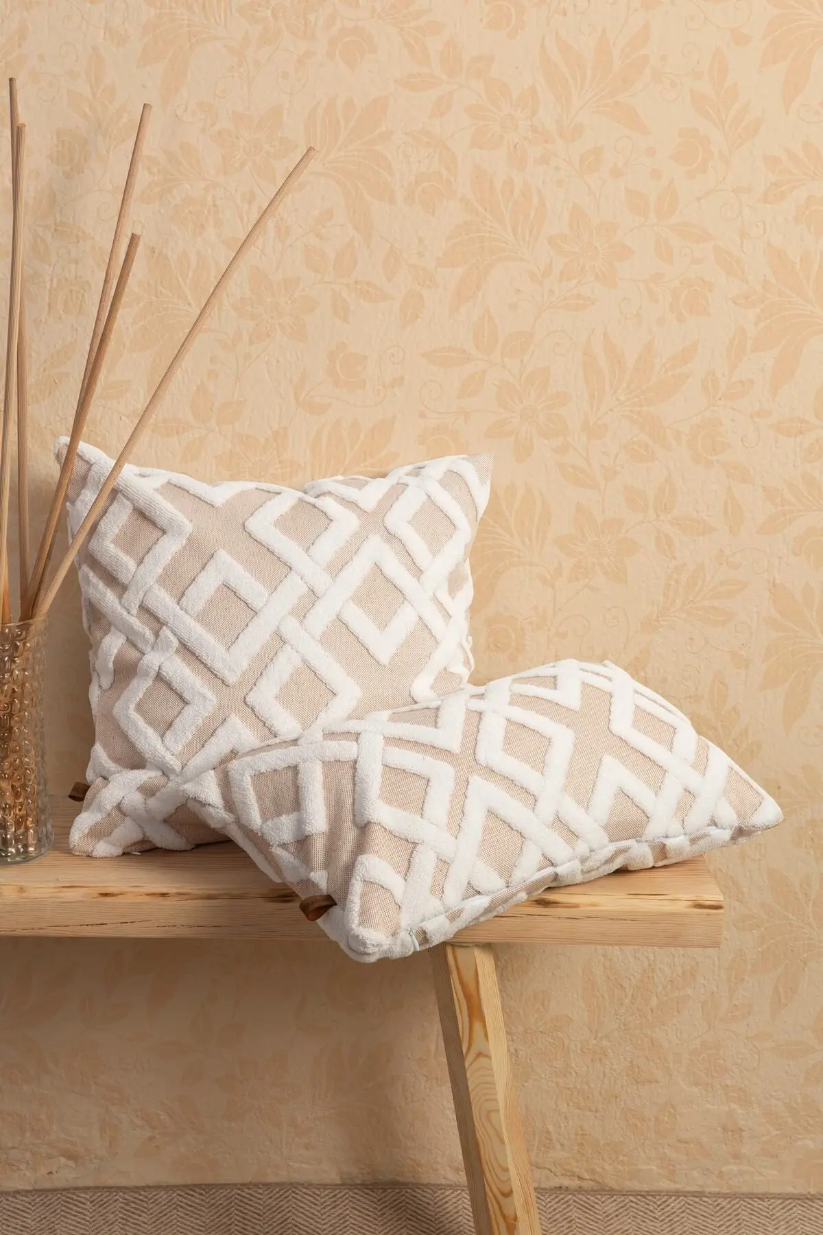 Bohem Özel Tasarım Punch Panç Desen Dekoratif Dikdörtgen Kırlent Kılıfı Mila Bej