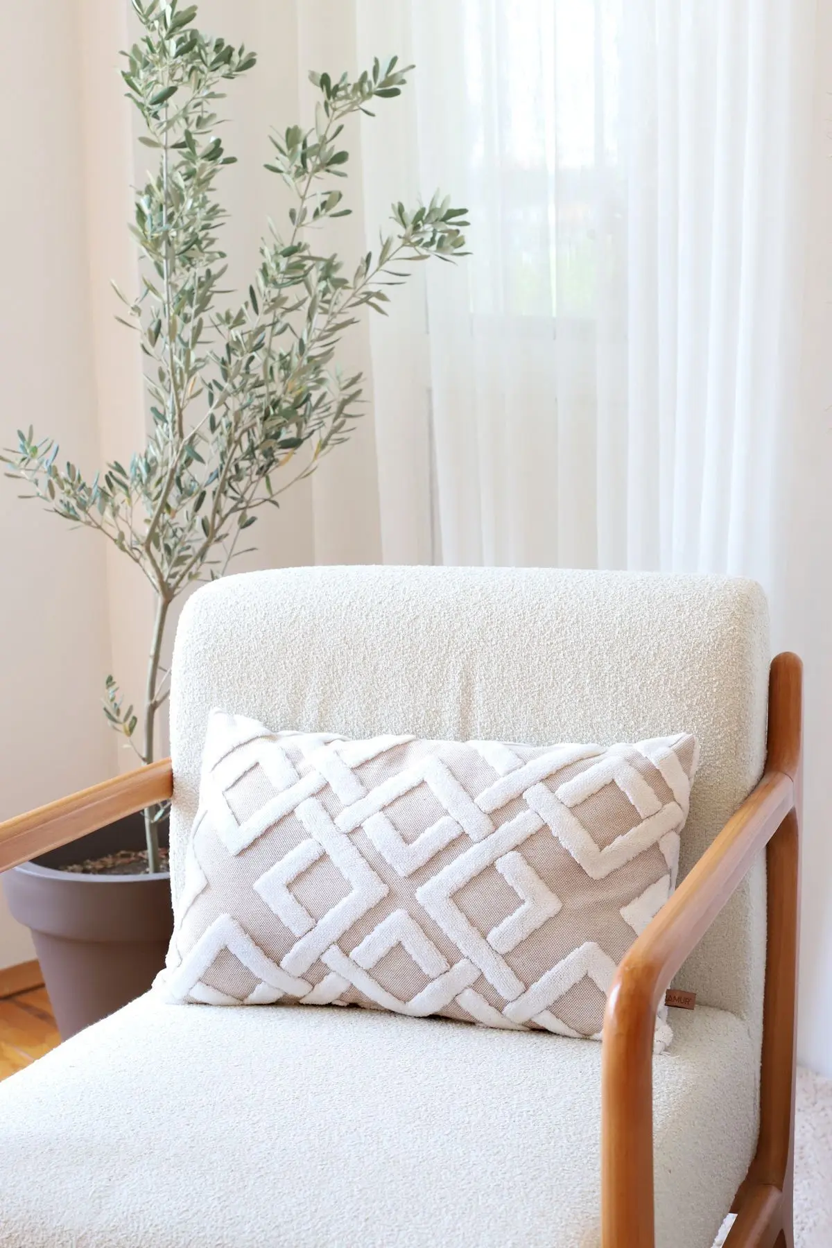 HAMUR Bohem Özel Tasarım Punch Panç Desen Dekoratif Dikdörtgen Kırlent Kılıfı Mila Bej