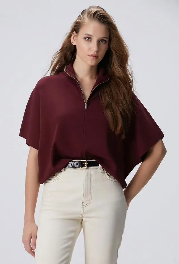 Network Network Kadın Vişne Bol Form Basic Triko Kazak