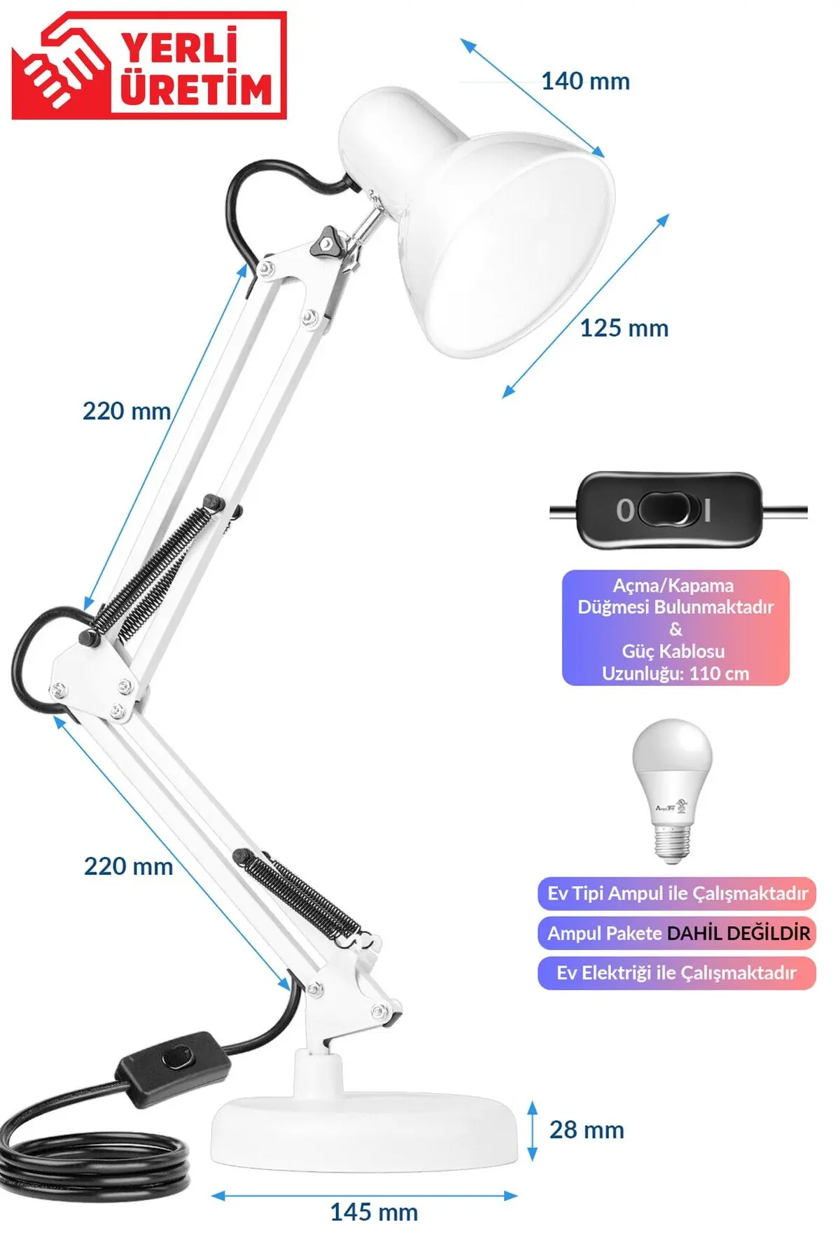 Masa Lambası Akrobat Yaylı Metal 360° Açılı Ayarlanabilir Hareketli Çalışma Masası Lambası Beyaz