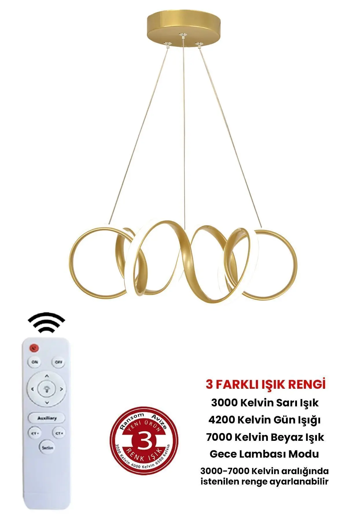 RANSOM 3 Renk Kumandalı Gold Kasa Dimmerli Led Avize Kıvrım Ledli Avize