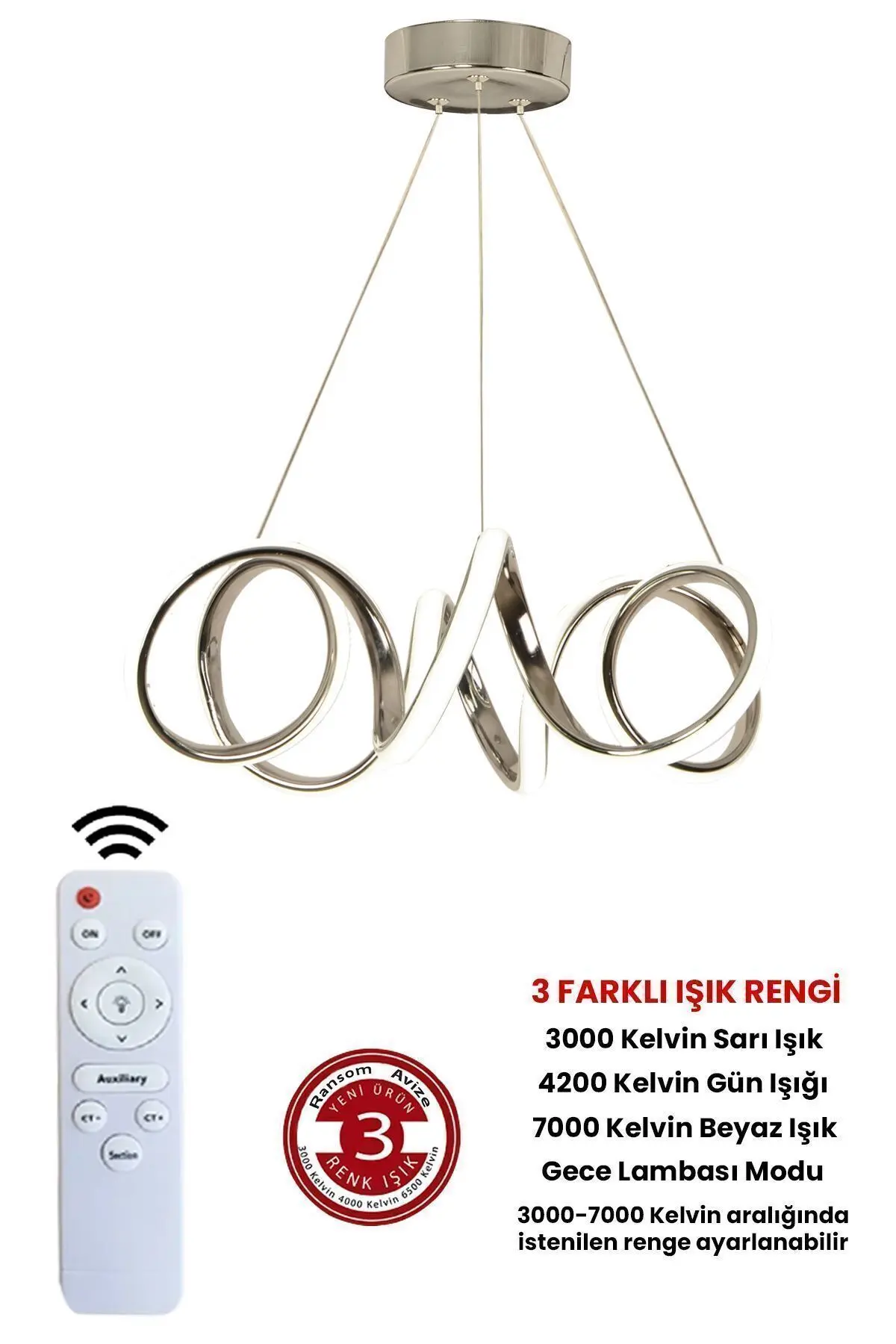 RANSOM 3 Renk Kumandalı Krom Dimmerli Led Avize Kıvrım Ledli Avize