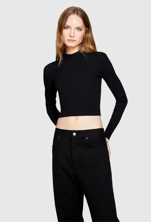 Kadın Siyah Poliviskoz Balıkçı Yaka Crop Kazak