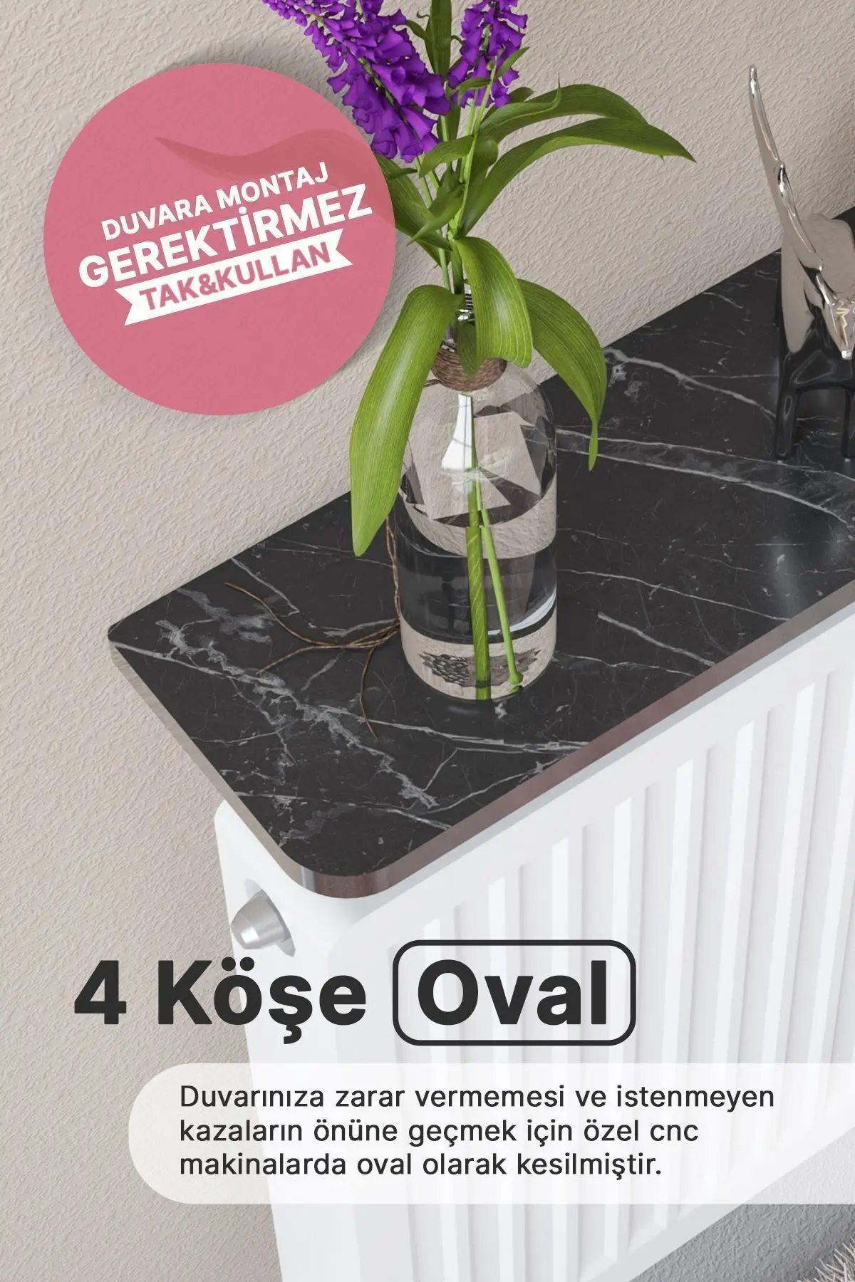 Riv Petek Üstü Uçan Raf Dresuar Kalorifer Peteği Rafı 100 X 18 Cm Bendir Gümüş Oval Kesim