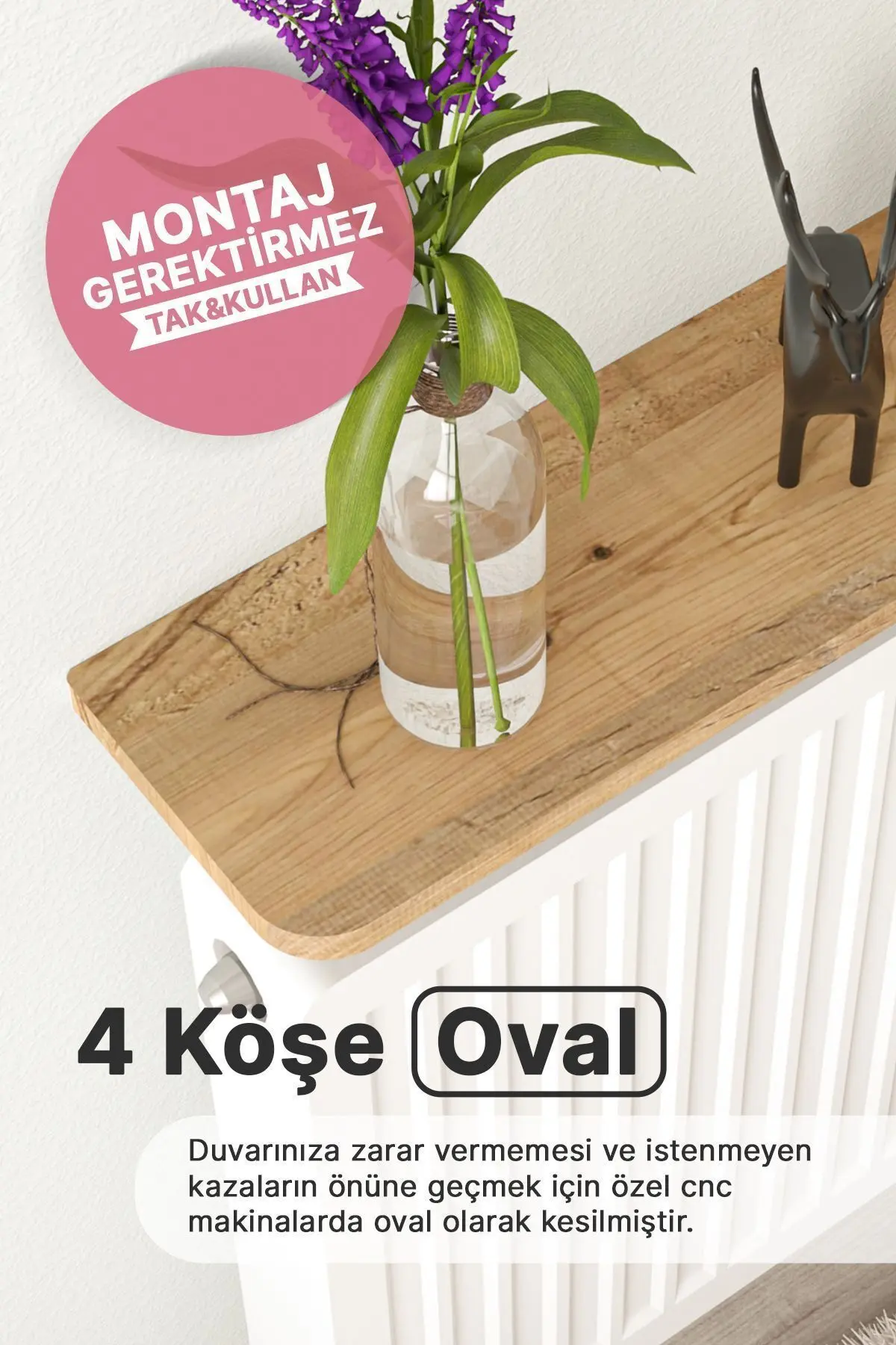 Riv Petek Üstü Uçan Raf Dresuar Kalorifer Peteği Rafı 100 X 18 Cm Çam Oval Kesim
