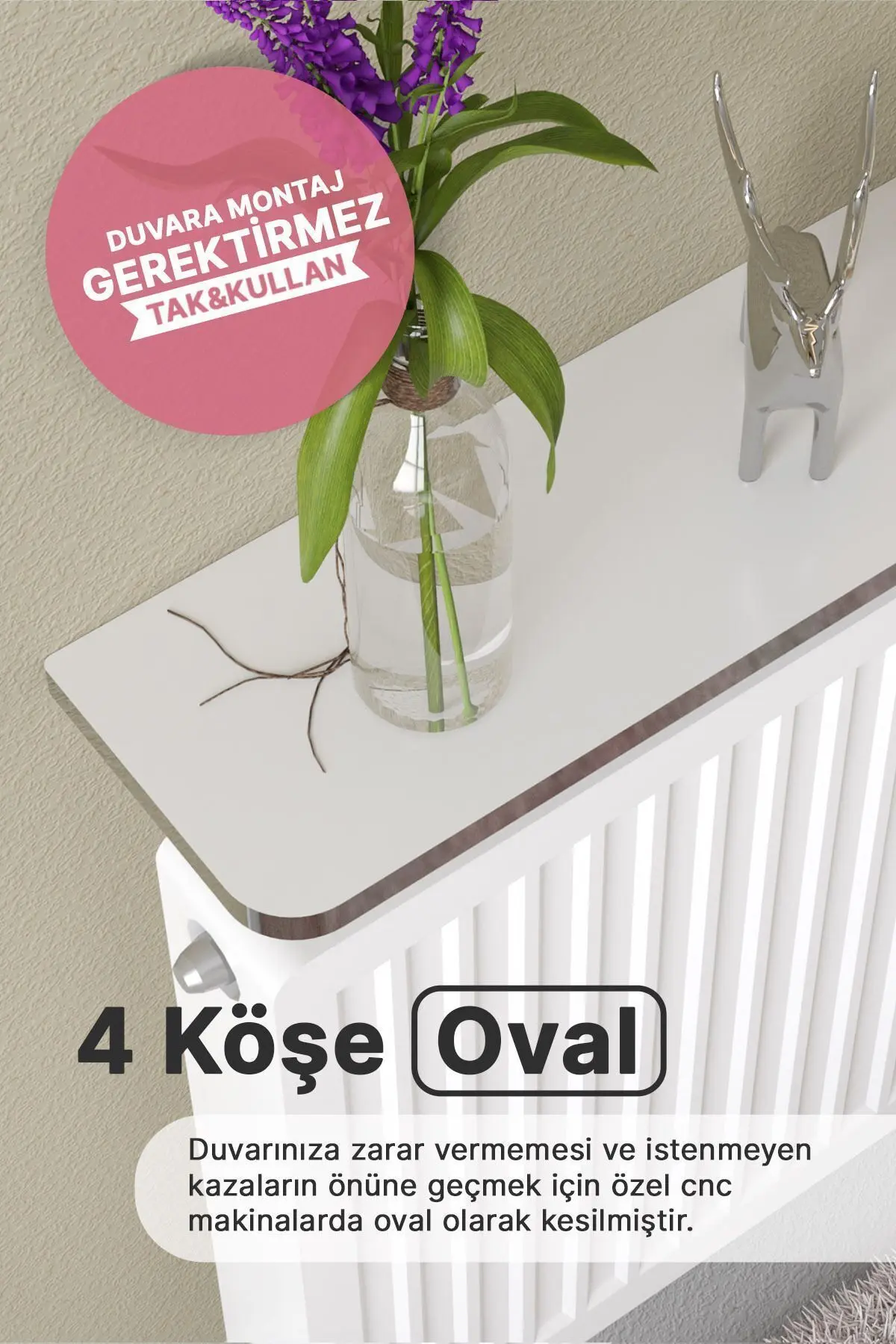 Riv Petek Üstü Uçan Raf Dresuar Kalorifer Peteği Rafı 100 X 18 Cm Beyaz Gümüş Oval Kesim