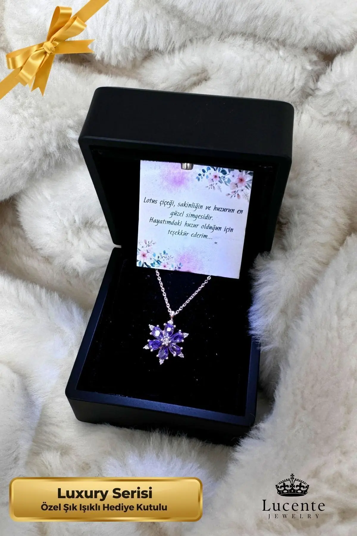 Lucente Jewellery Luxury Serisi Işıklı Hediye Kutulu Mor Lotus Çiçeği Rose Kaplama 925 Ayar Kararmaz Gümüş Kolye