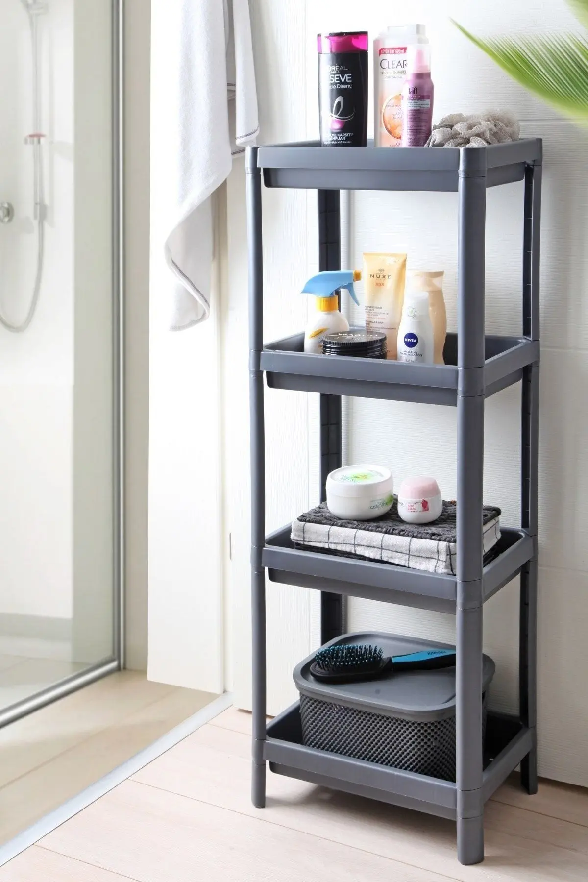 Trend Maison Vesken 4 Katlı Banyo Raf Ünitesi Gri Düzenleyici Şampuan Havluluk Deterjan Dolabı
