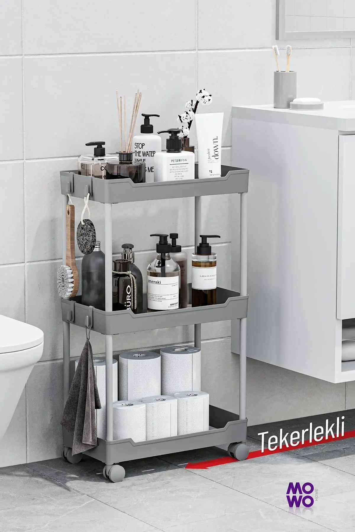Mowo Home Mowo 3 Katlı Tekerlekli Banyo Rafı, Mutfak Rafı, Havluluk, Deterjanlık Makyaj Organizer