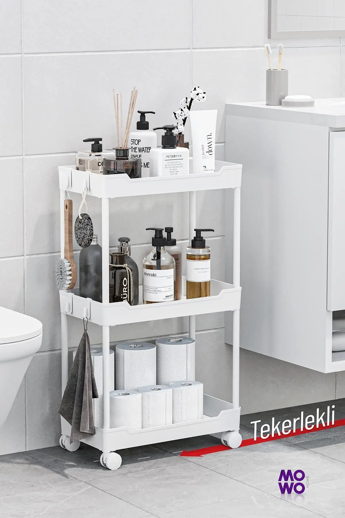 Mowo Home Mowo 3 Katlı Tekerlekli Banyo Rafı, Mutfak Rafı, Havluluk, Deterjanlık Makyaj Organizer