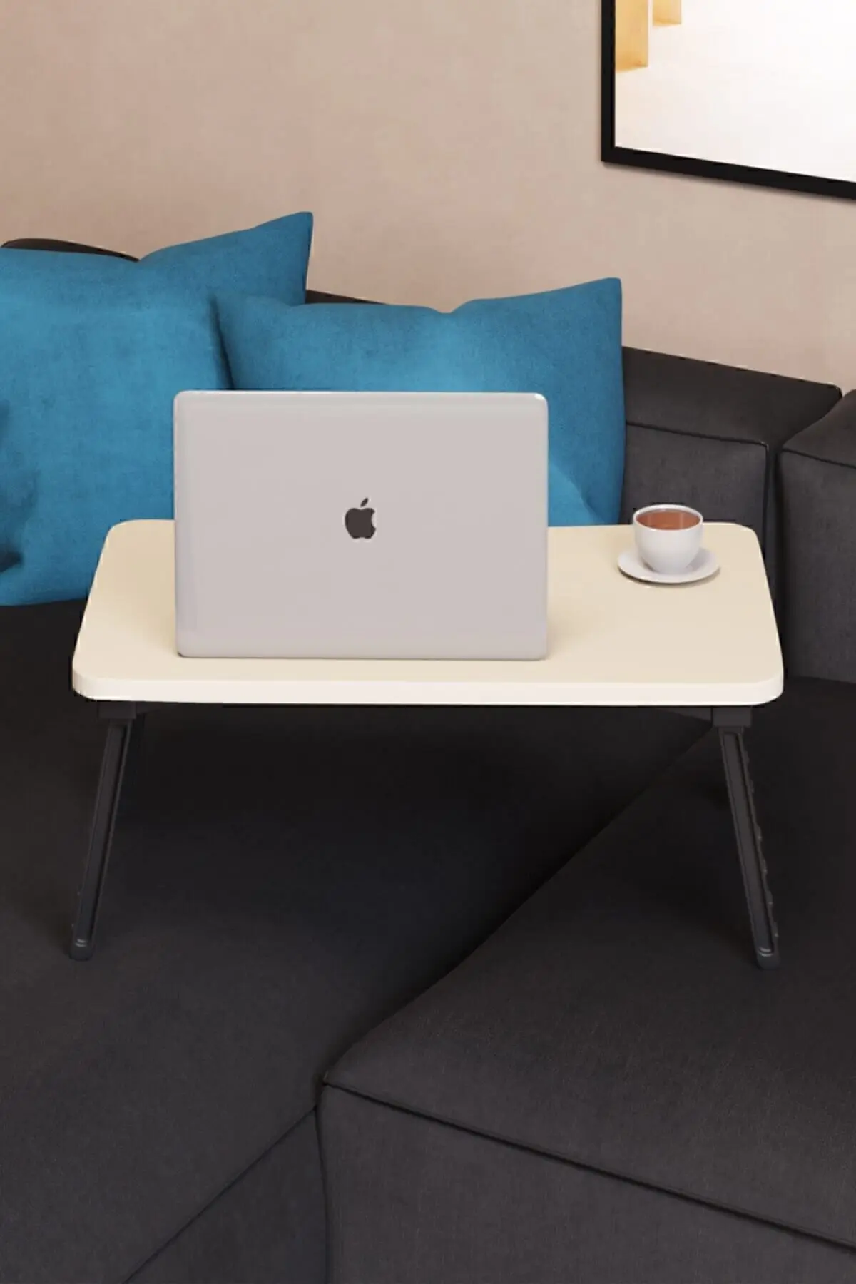 Renkli Laptop Sehpası Katlanabilir Yatak Koltuk Üstü Kahvaltı Bilgisayar Sehpası - Krem