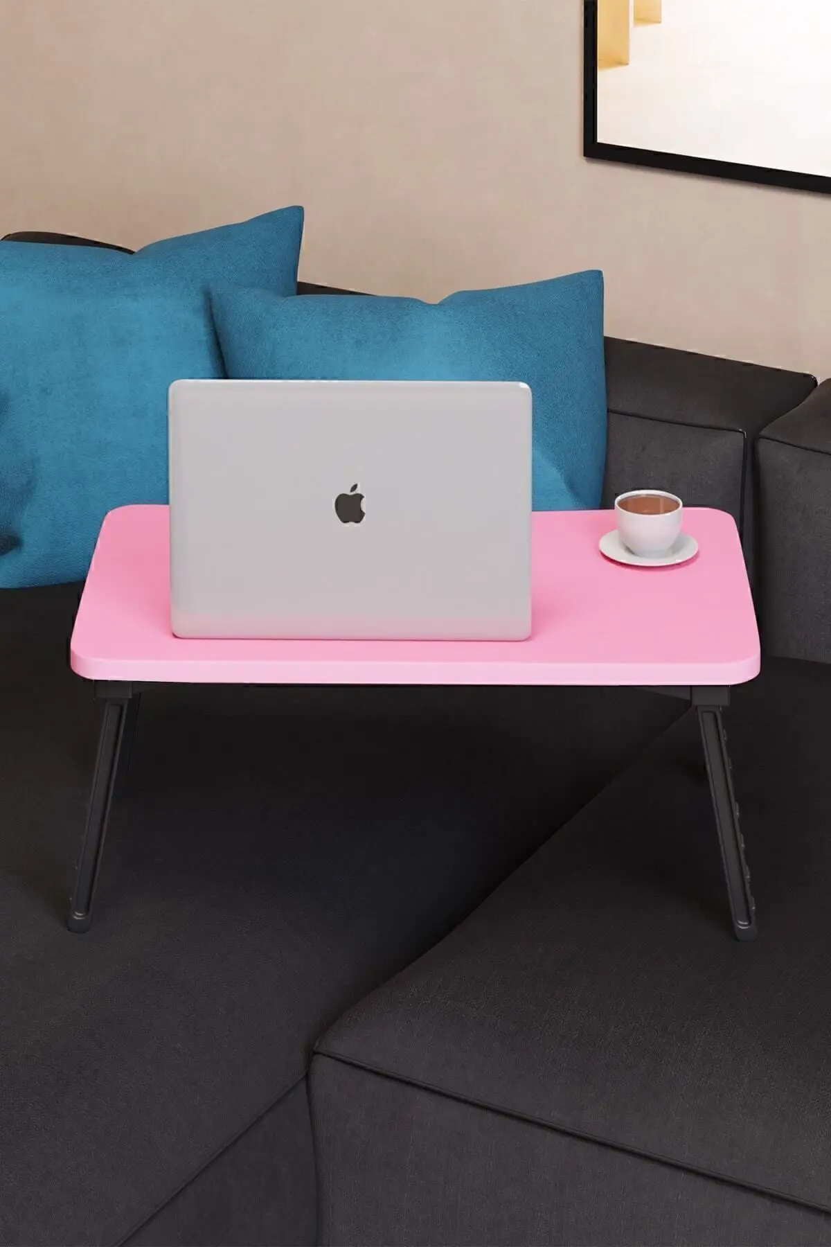 Renkli Laptop Sehpası Katlanabilir Yatak Koltuk Üstü Kahvaltı Bilgisayar Sehpası - Pembe