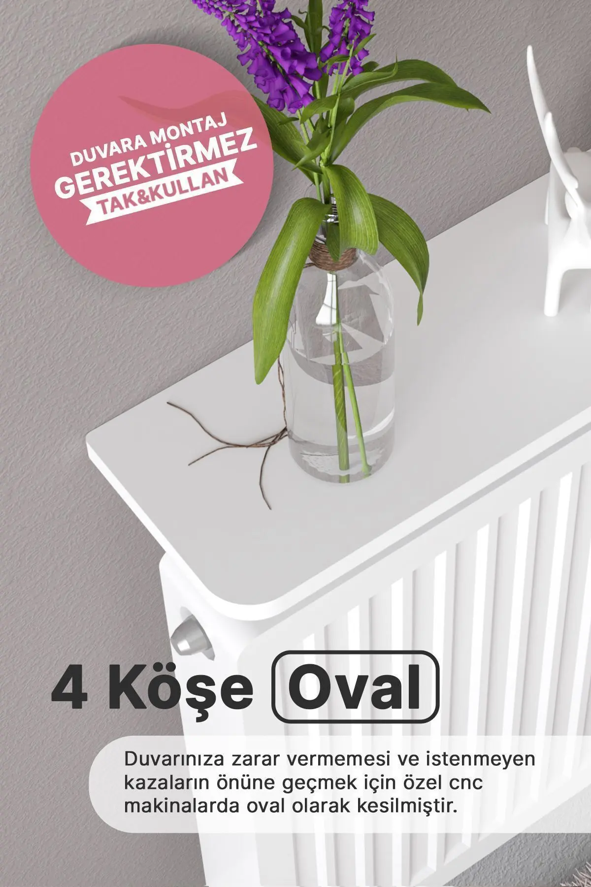 Montajsız Petek Üstü Uçan Raf Dresuar Kalorifer Peteği Rafı Kitaplık 80 X 18 Cm Beyaz Oval Kesim