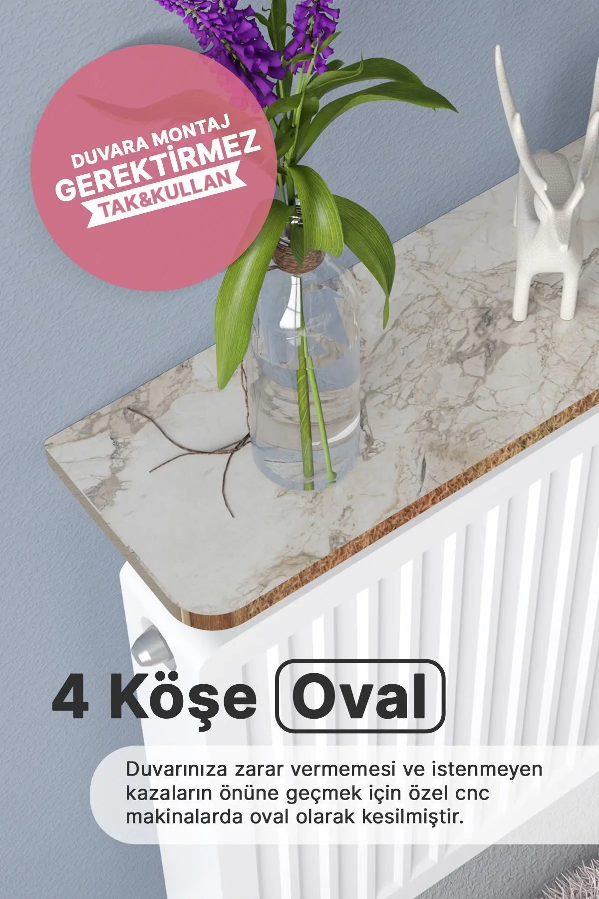Montajsız Petek Üstü Uçan Raf Dresuar Kalorifer Peteği Rafı Kitaplık 80 X 18 Cm Efes Gold Oval