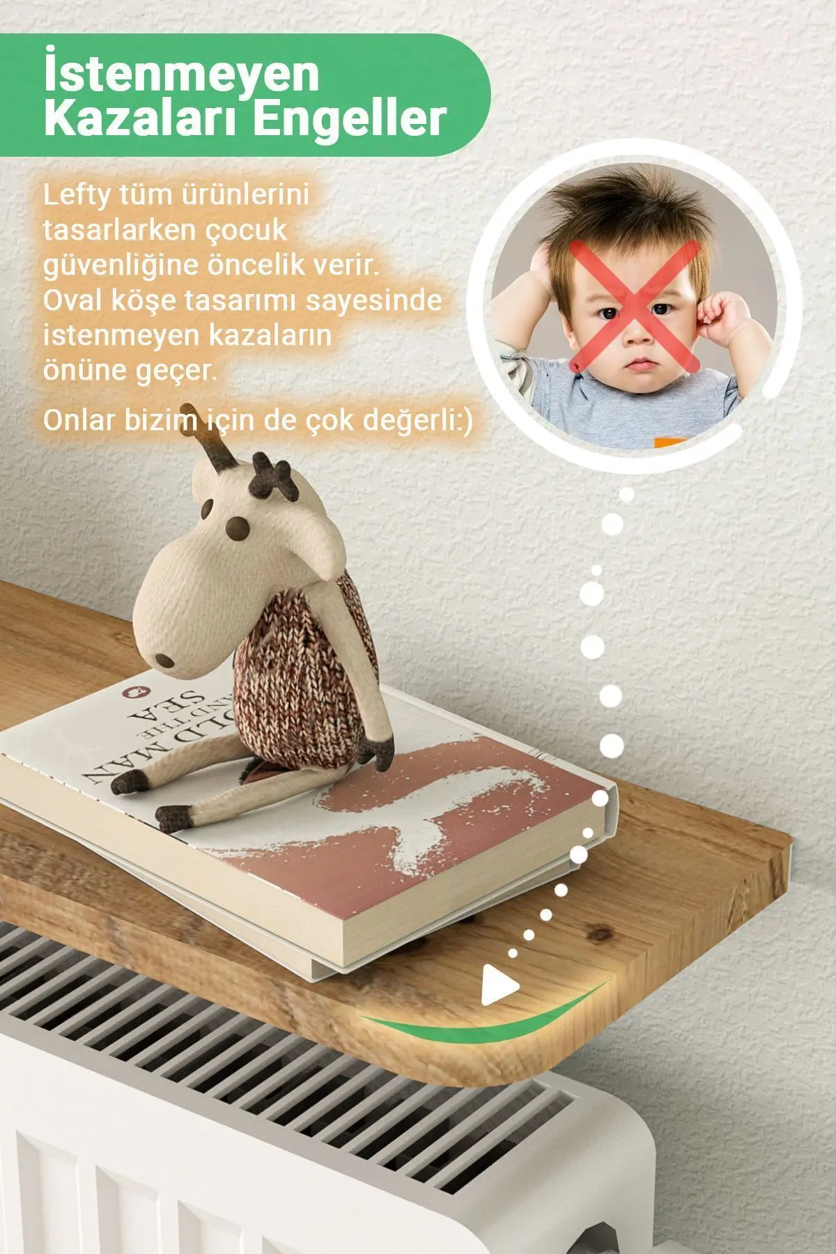 Montajsız Petek Üstü Uçan Raf Dresuar Kalorifer Peteği Rafı Kitaplık 80 X 18 Cm Çam Oval Kesim